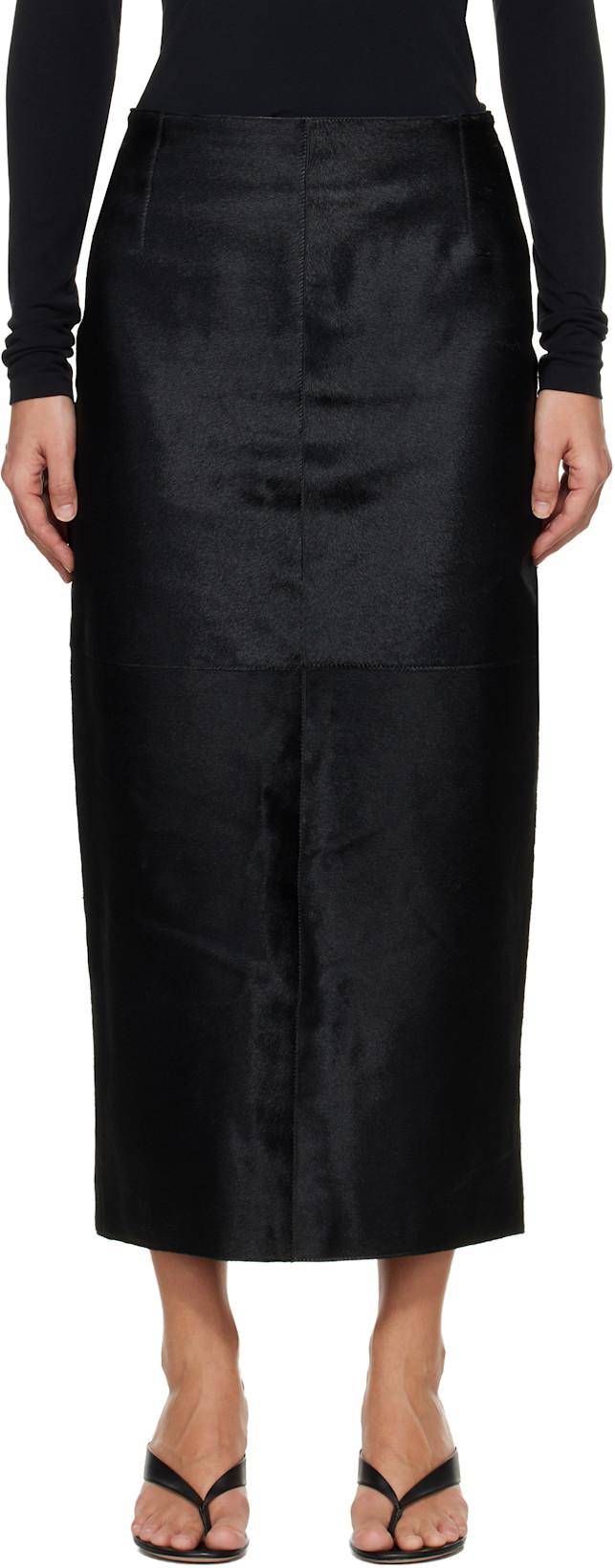 Black Elisse Long Pencil Ponyhair Skirt by NOUR HAMMOUR