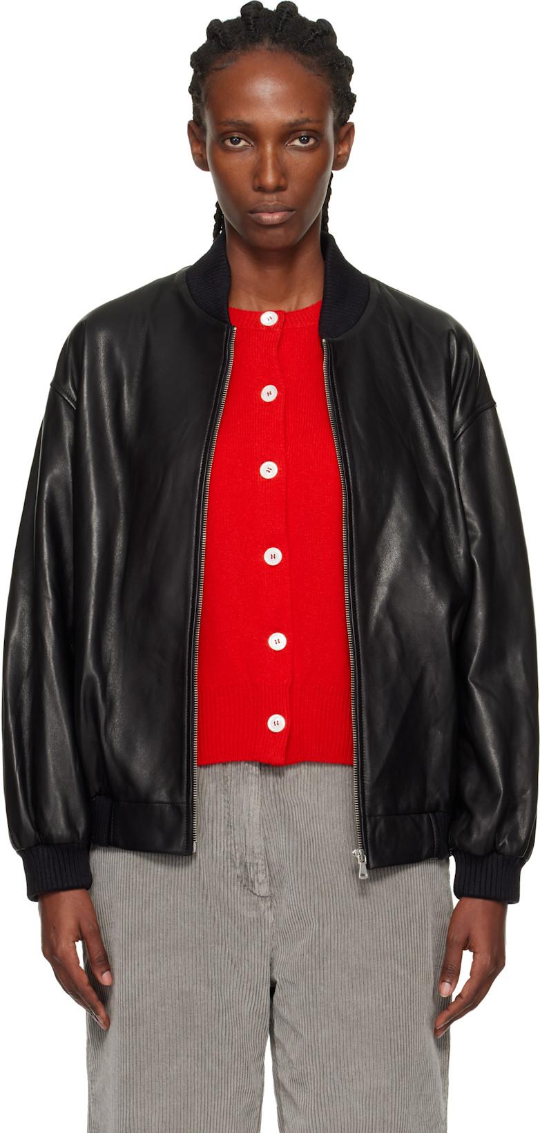 Black Marly Long Leather Bomber Jacket by NOUR HAMMOUR