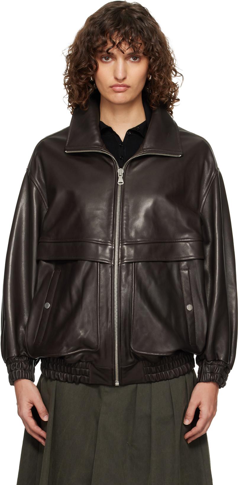 Brown Beck Modern Leather Bomber by NOUR HAMMOUR