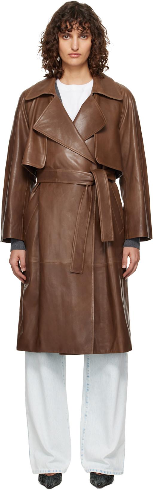 Brown Cisley Leather Trench Coat by NOUR HAMMOUR