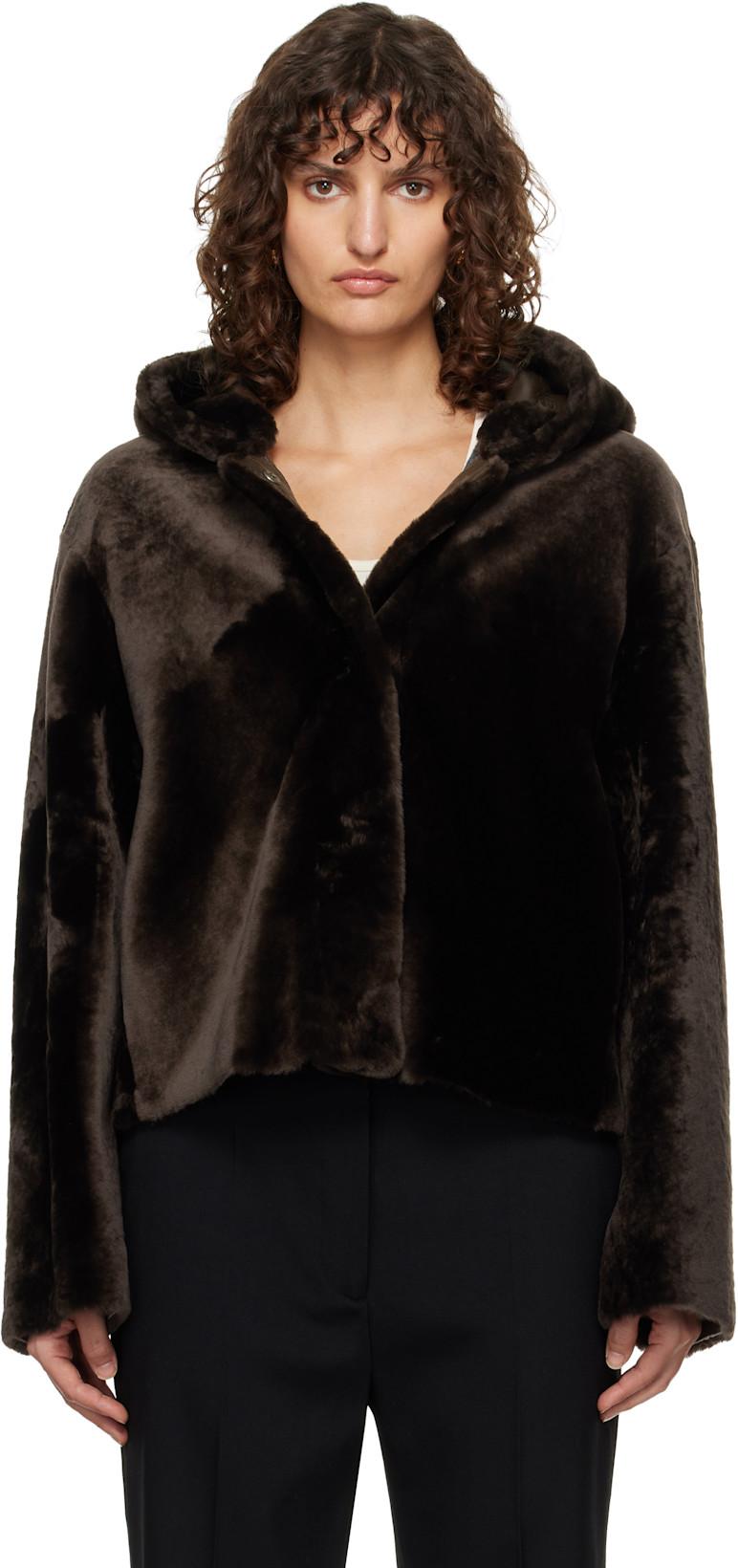 Brown Cooper Hooded Curly Shearling Jacket by NOUR HAMMOUR