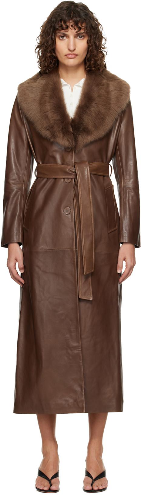 Brown Dakota Glamorous Leather Coat by NOUR HAMMOUR