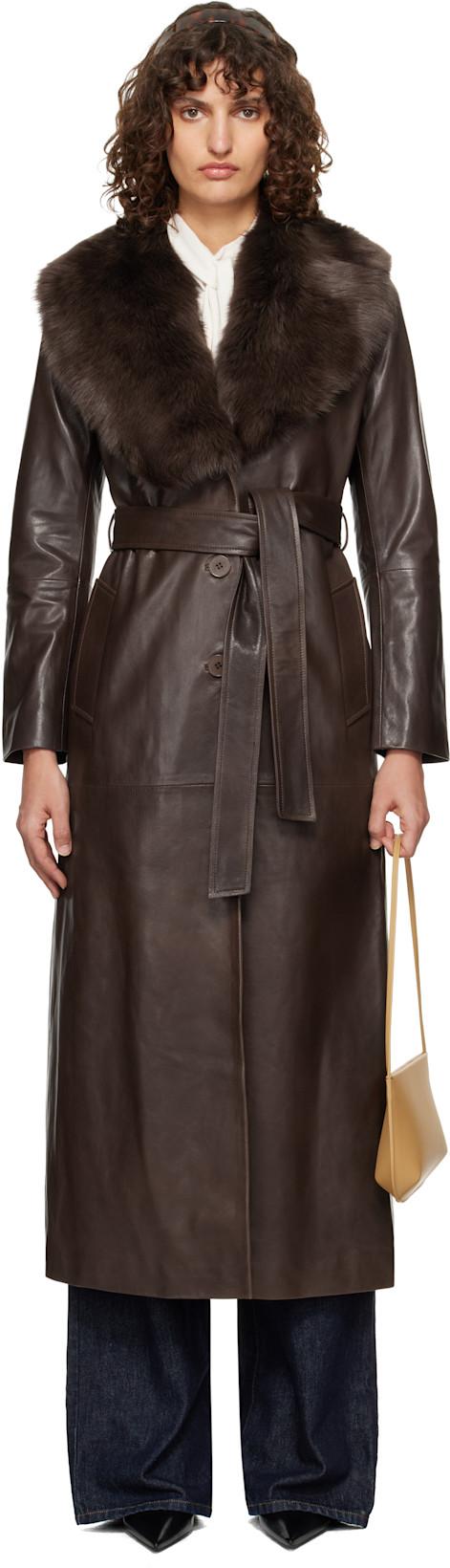 Brown Dakota Glamorous Leather Coat by NOUR HAMMOUR