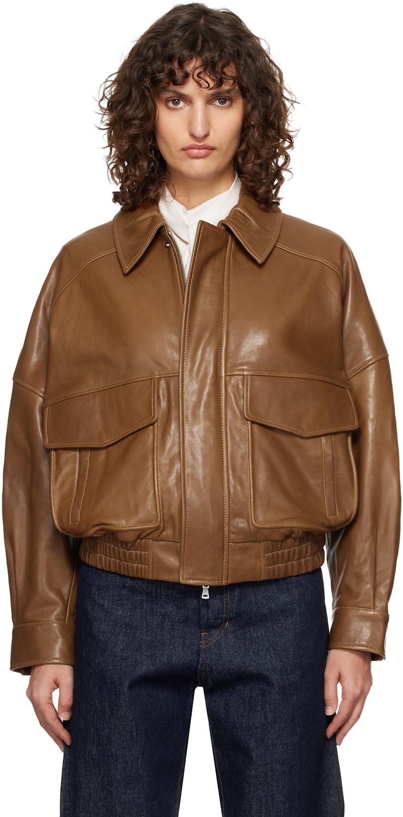 Brown Runa Soft Leather Bomber Jacket by NOUR HAMMOUR