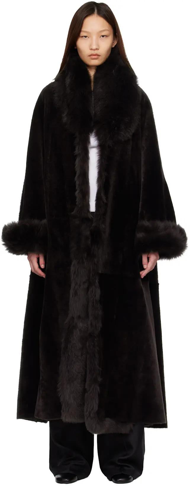 Brown Sima Shearling Coat by NOUR HAMMOUR