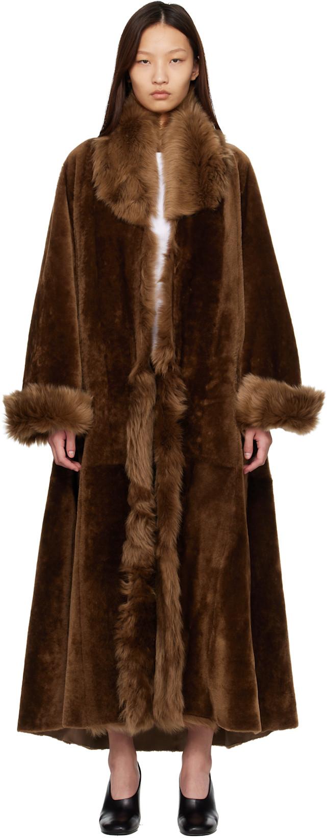 Brown Sima Shearling Coat by NOUR HAMMOUR