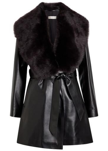 Kelsey fur-trimmed belted leather jacket by NOUR HAMMOUR