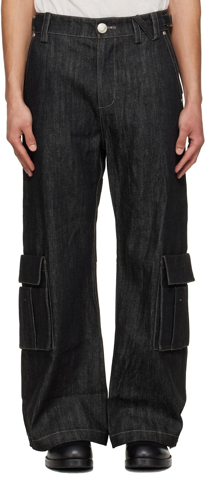 Black Whale Fin Snap-On Denim Cargo Pants by NULLUS