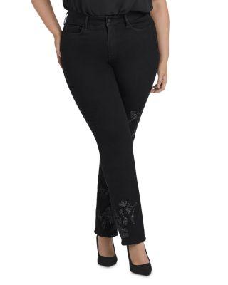 Marilyn Embroidered High Rise Straight Jeans in Black Rinse by NYDJ PLUS