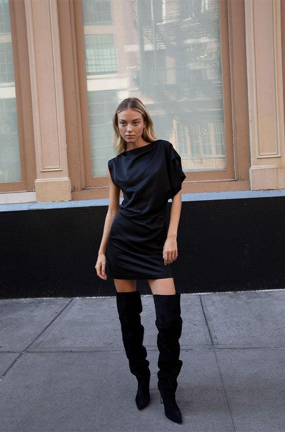ASYMMETRICAL BAT SLEEVE MINI DRESS by OAK + FORT