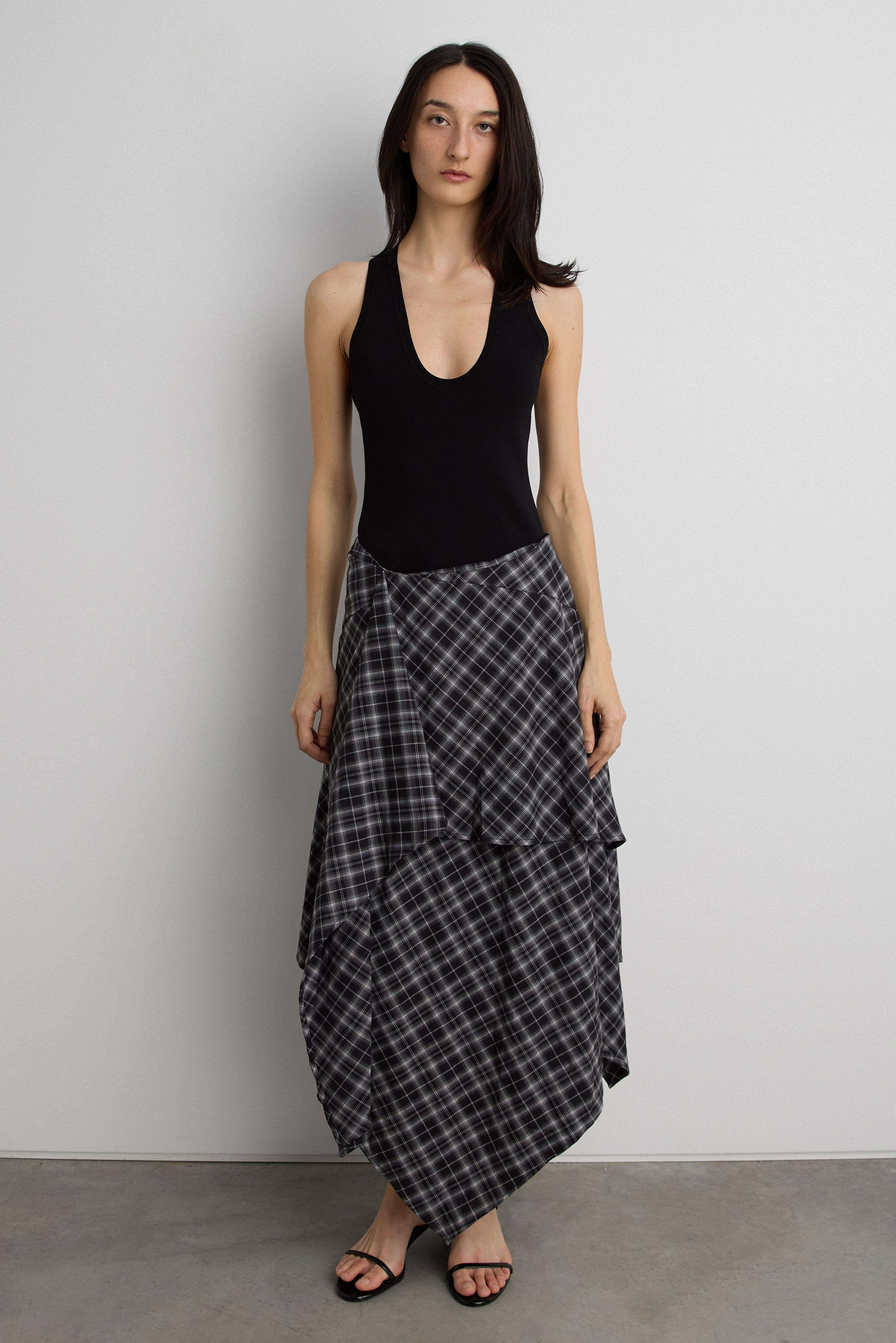 ASYMMETRICAL DRAPED PLAID MIDI SKIRT by OAK + FORT