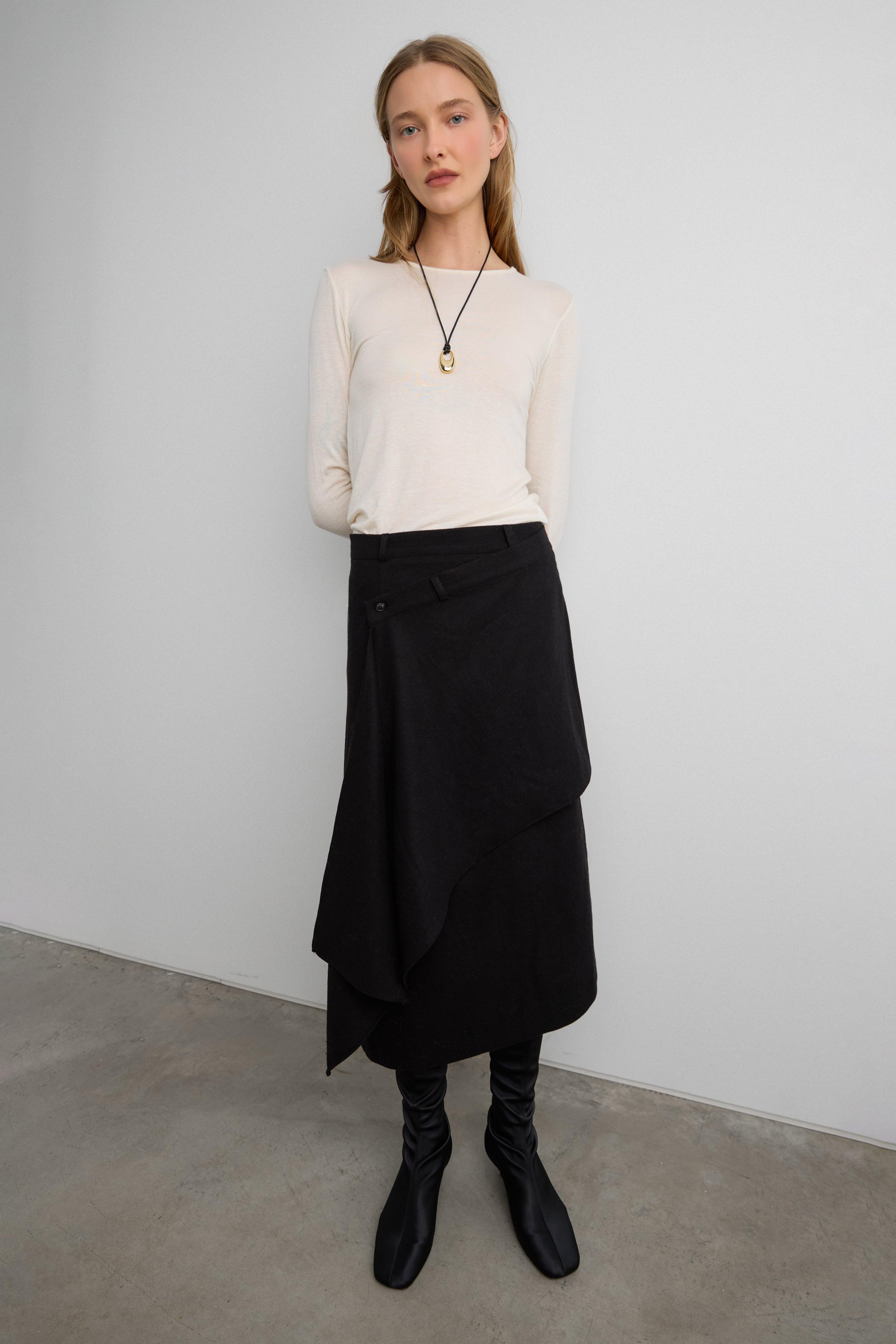 ASYMMETRICAL MIDI WRAP SKIRT by OAK + FORT