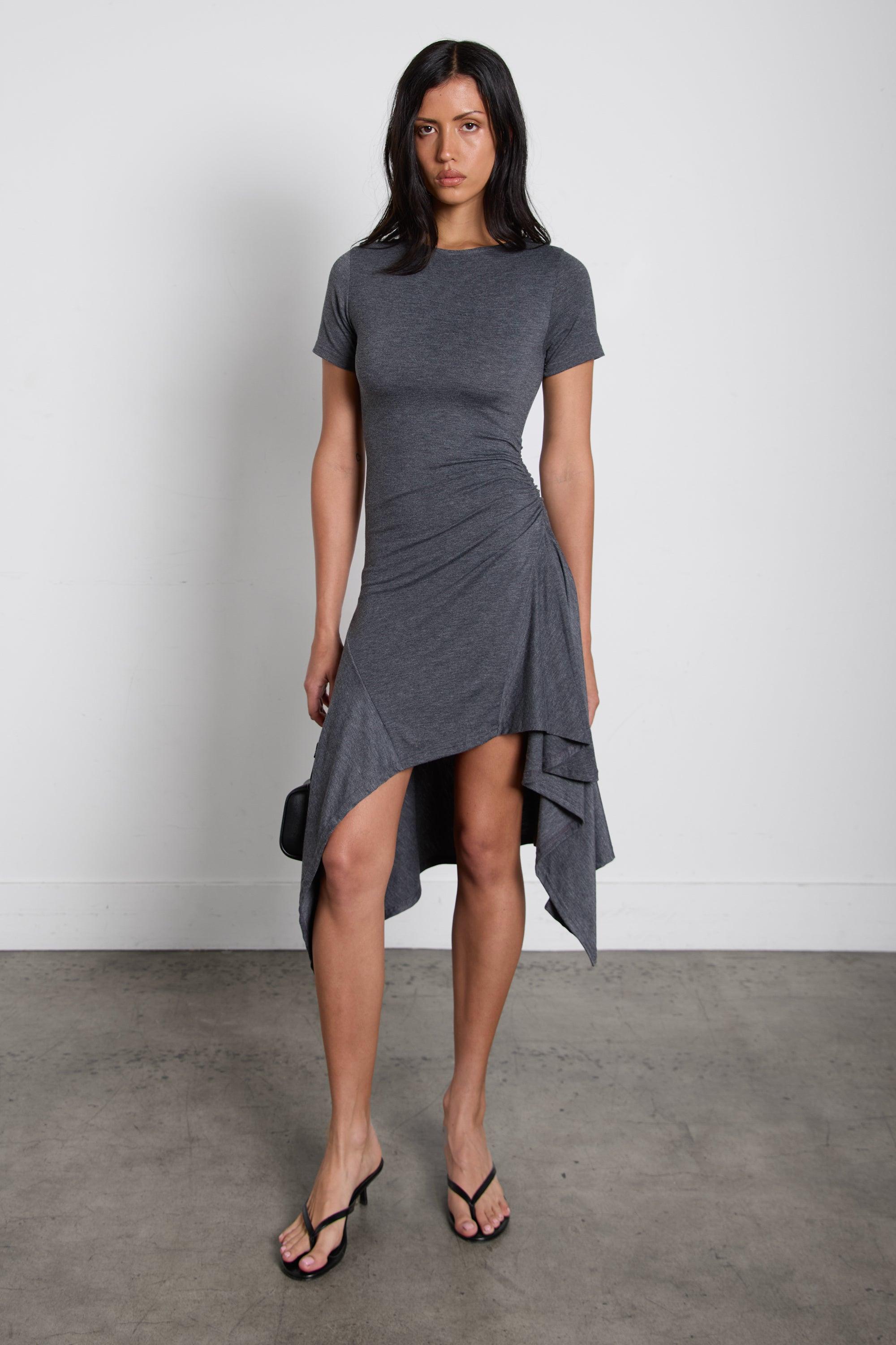 ASYMMETRICAL RUFFLE HEM MIDI DRESS by OAK + FORT