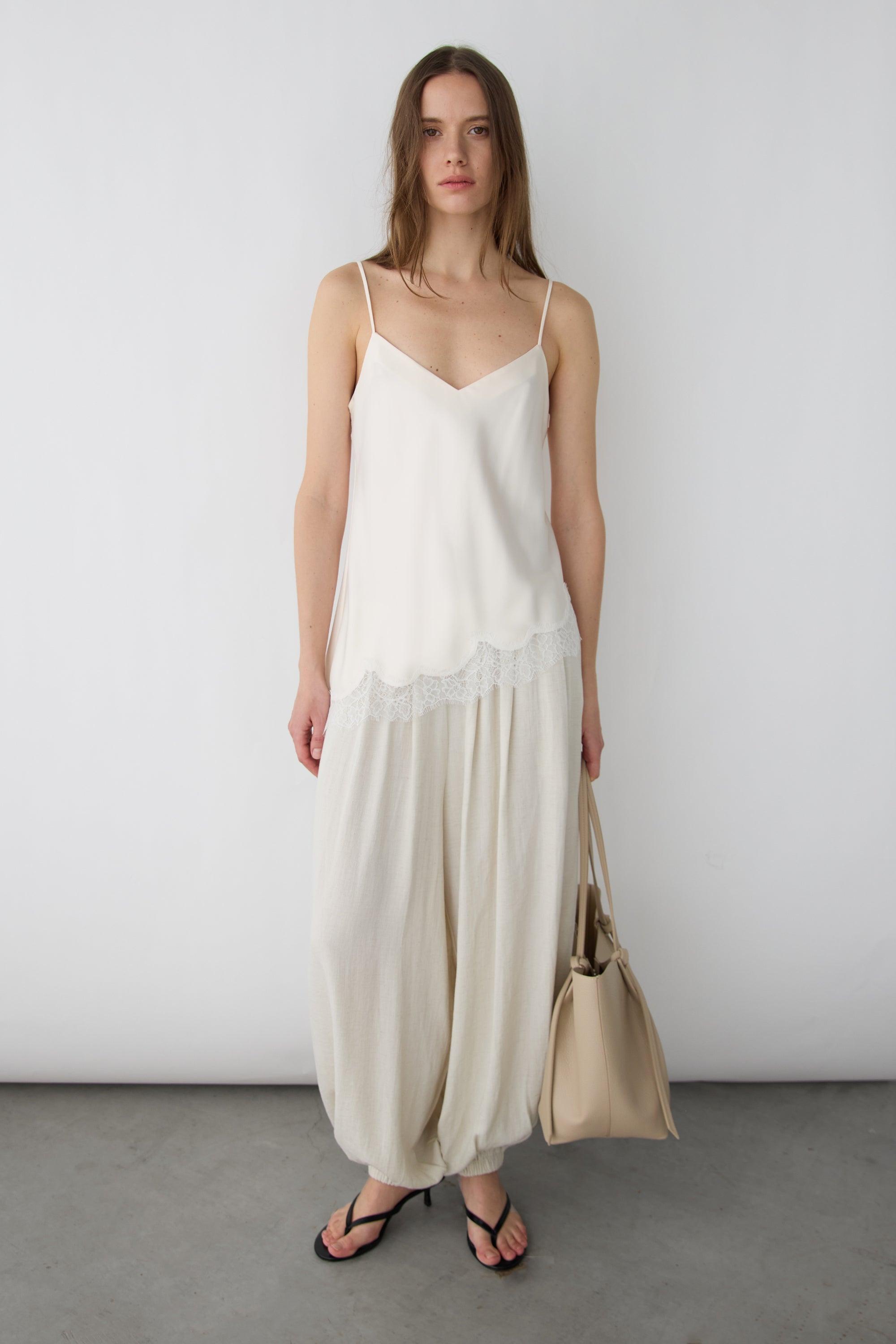 ASYMMETRICAL SATIN LACE TRIM TANK TOP by OAK + FORT