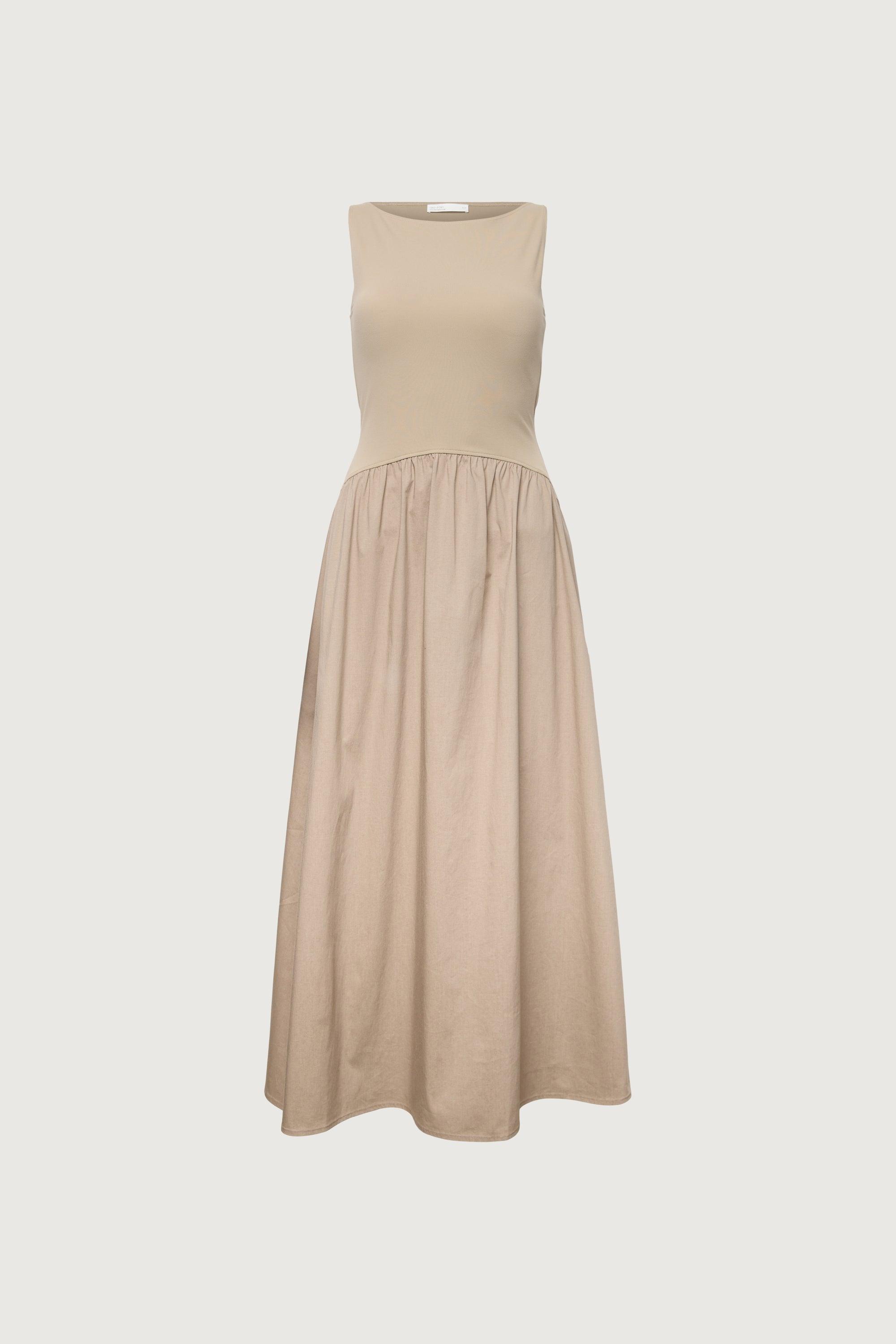 BOAT NECK GATHERED WAIST MIDI DRESS by OAK + FORT