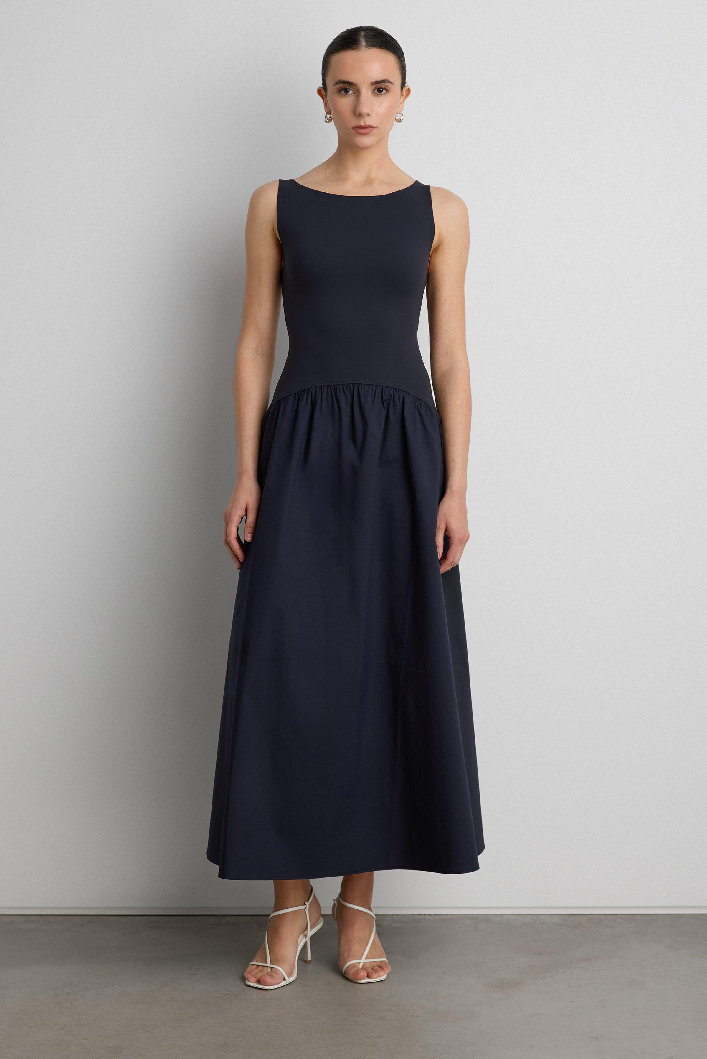 BOAT NECK GATHERED WAIST MIDI DRESS by OAK + FORT