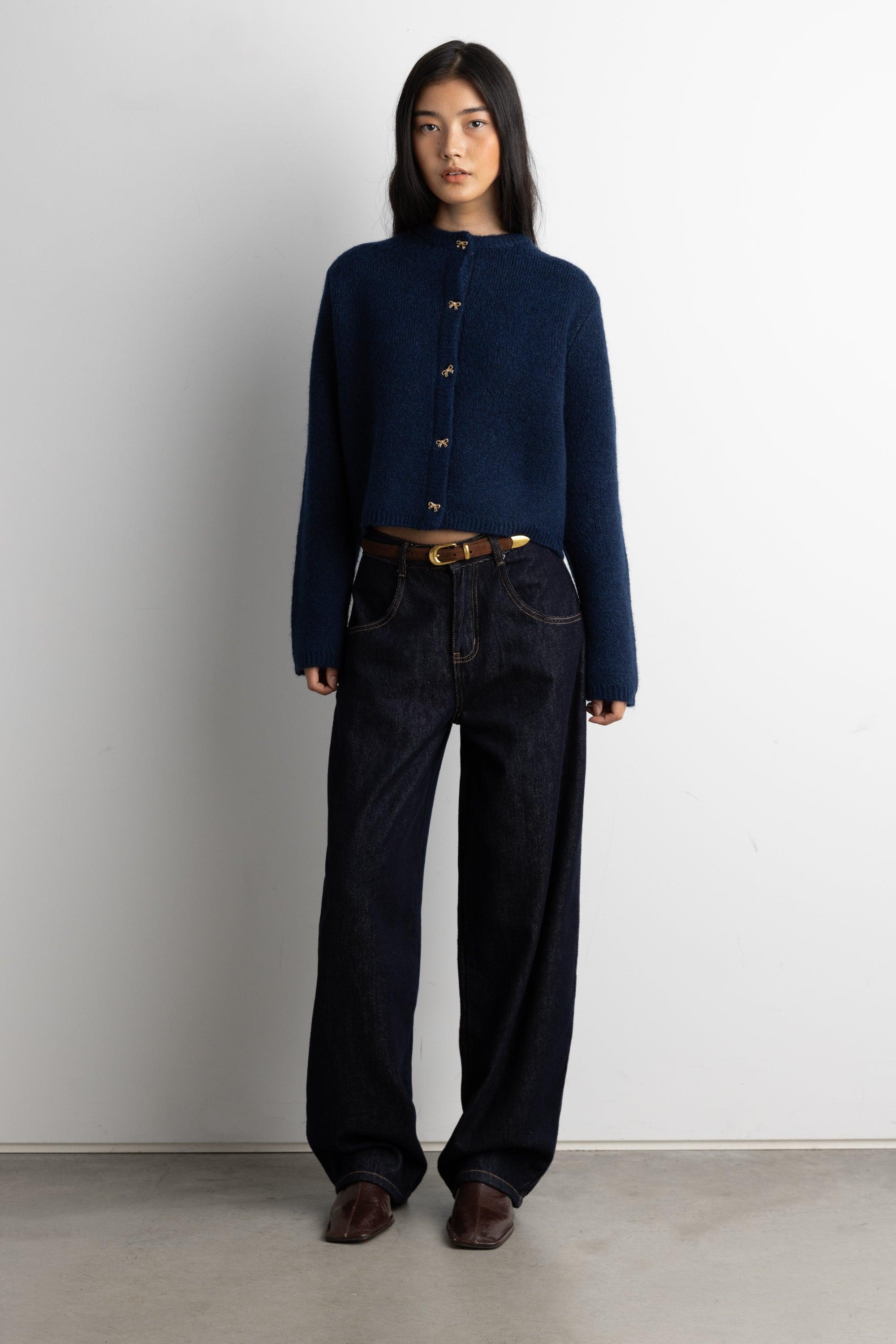 BOW BUTTON FRONT WOOL-BLEND CARDIGAN by OAK + FORT