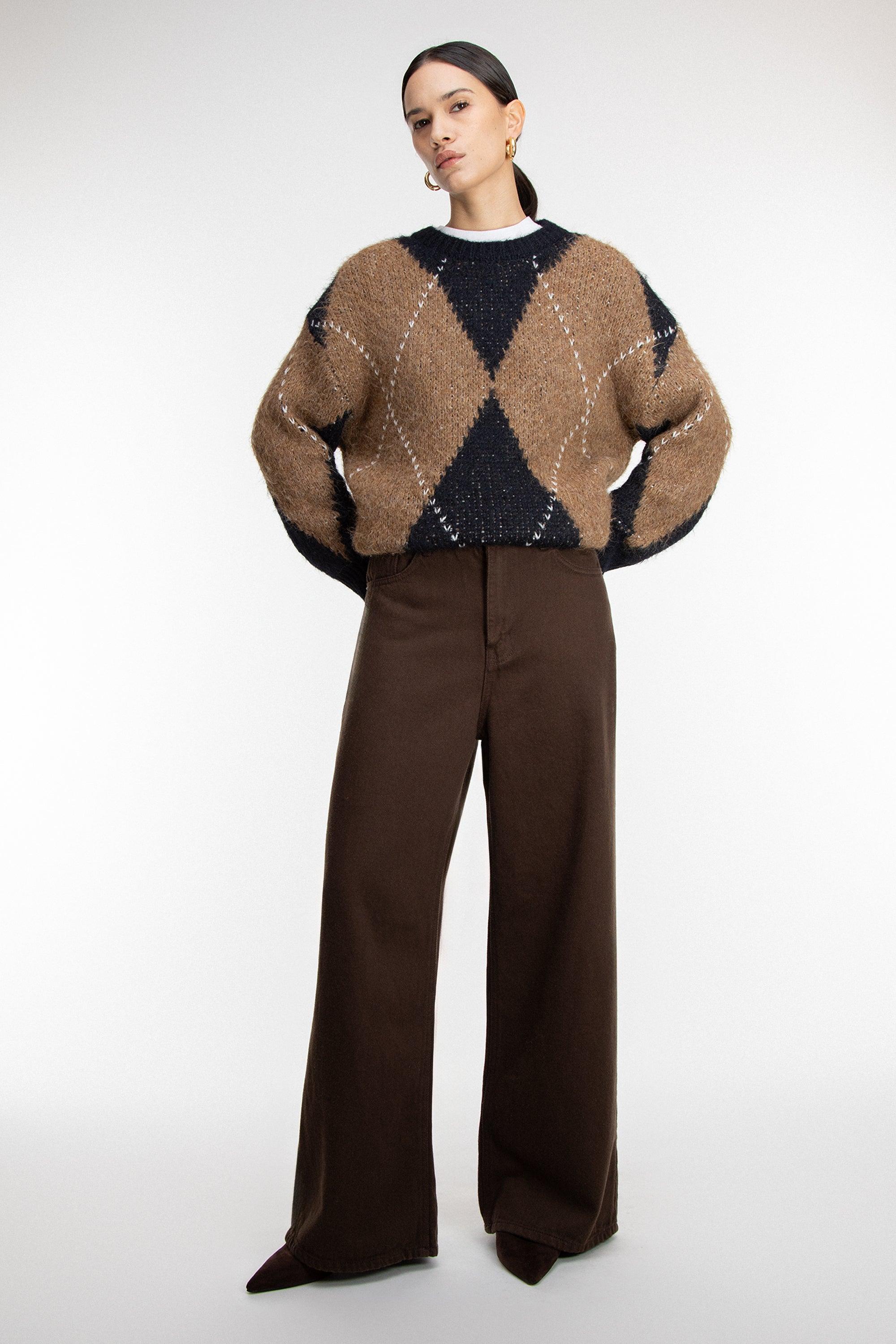 BROWN TWILL WIDE LEG PANT by OAK + FORT