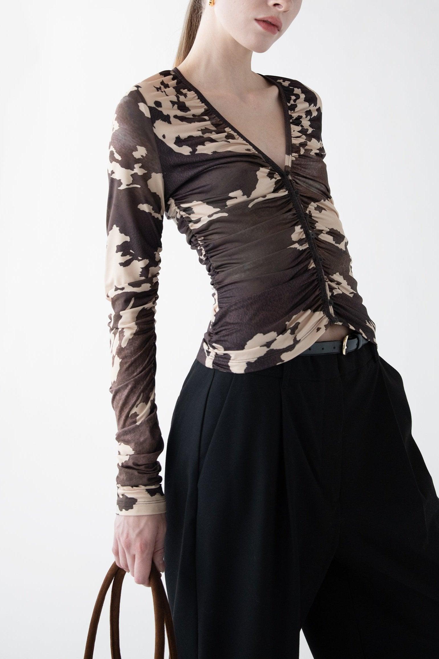 BUTTON FRONT V-NECK LONG SLEEVE TOP by OAK + FORT