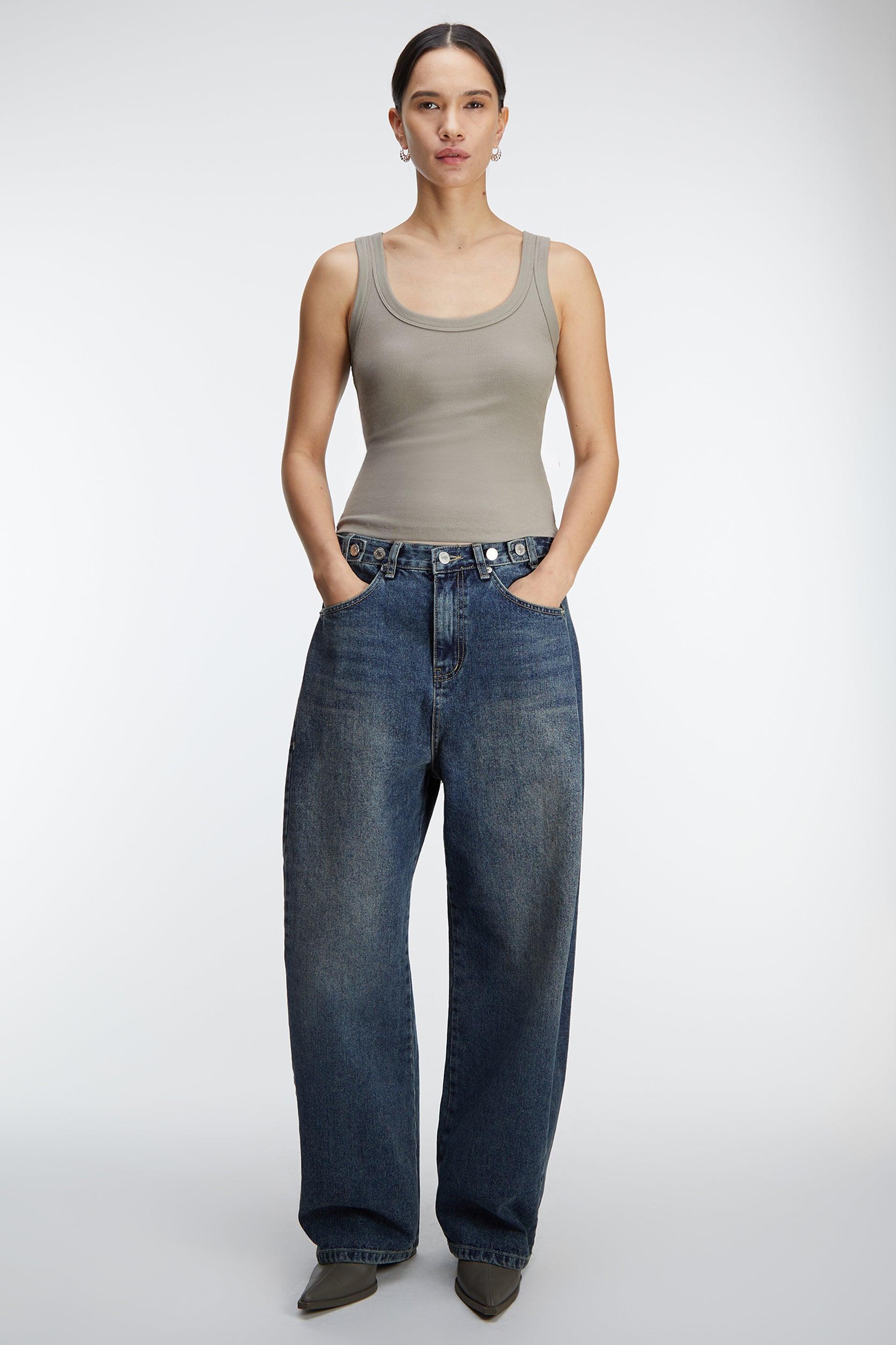 BUTTONED WAIST CURVED LEG JEAN by OAK + FORT