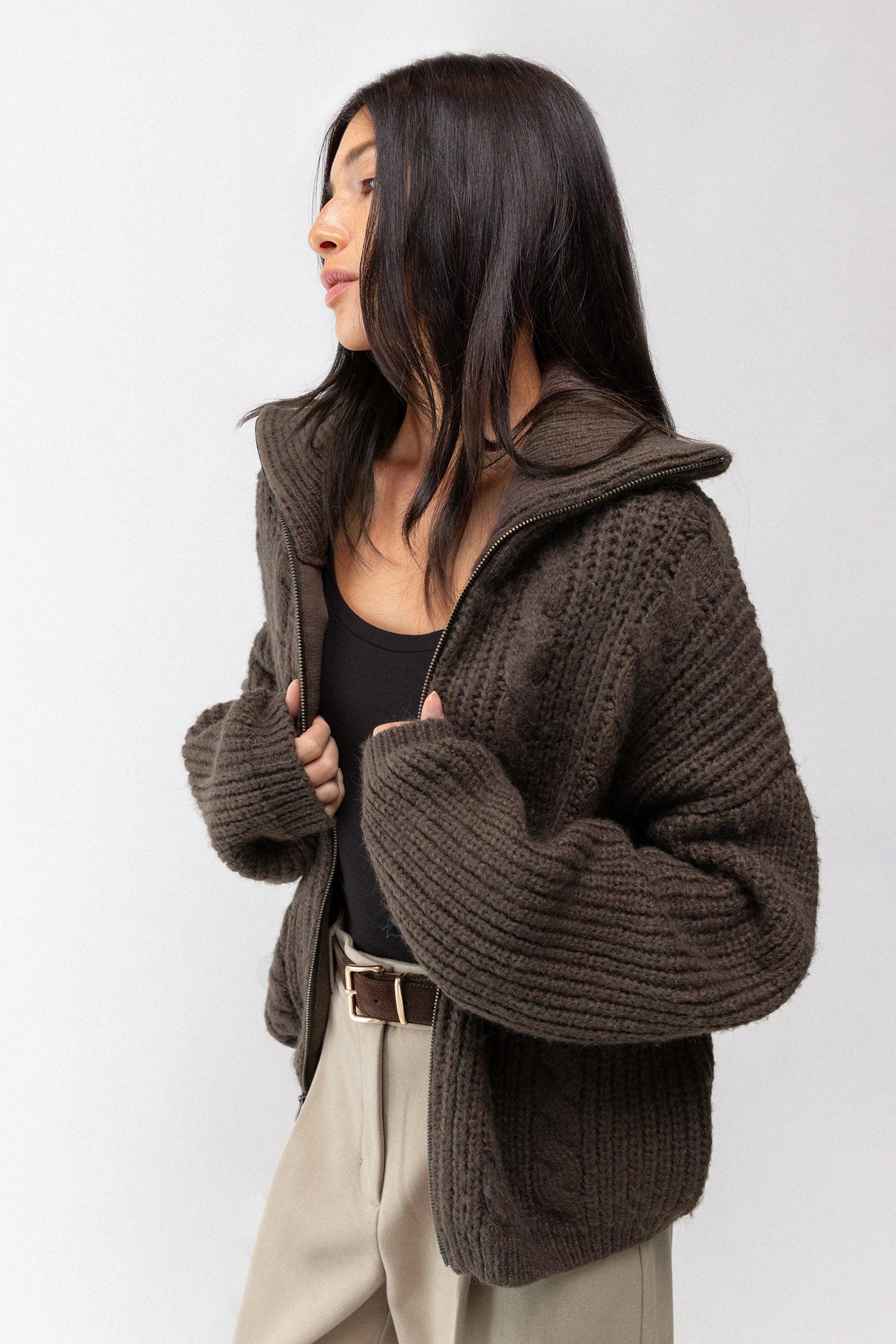 CABLE KNIT COLLARED CARDIGAN by OAK + FORT