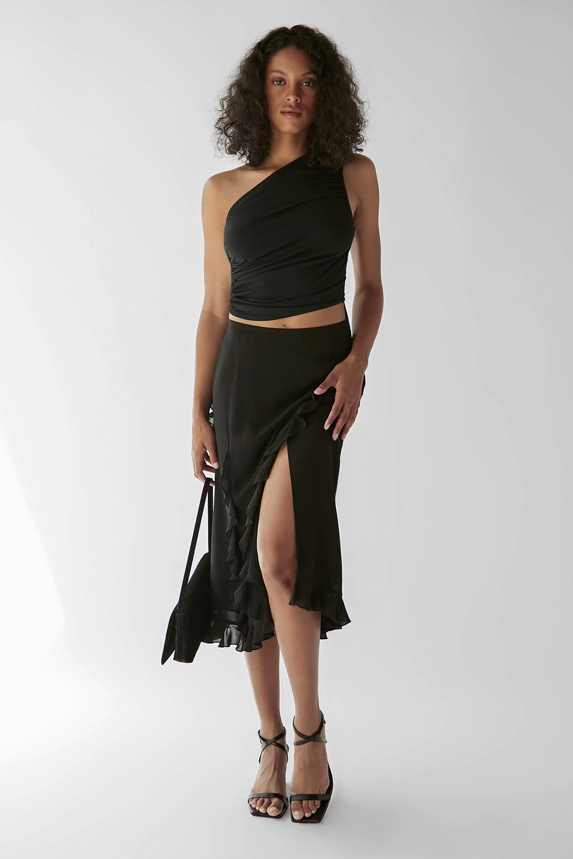 CHIFFON RUFFLED MIDI SKIRT by OAK + FORT