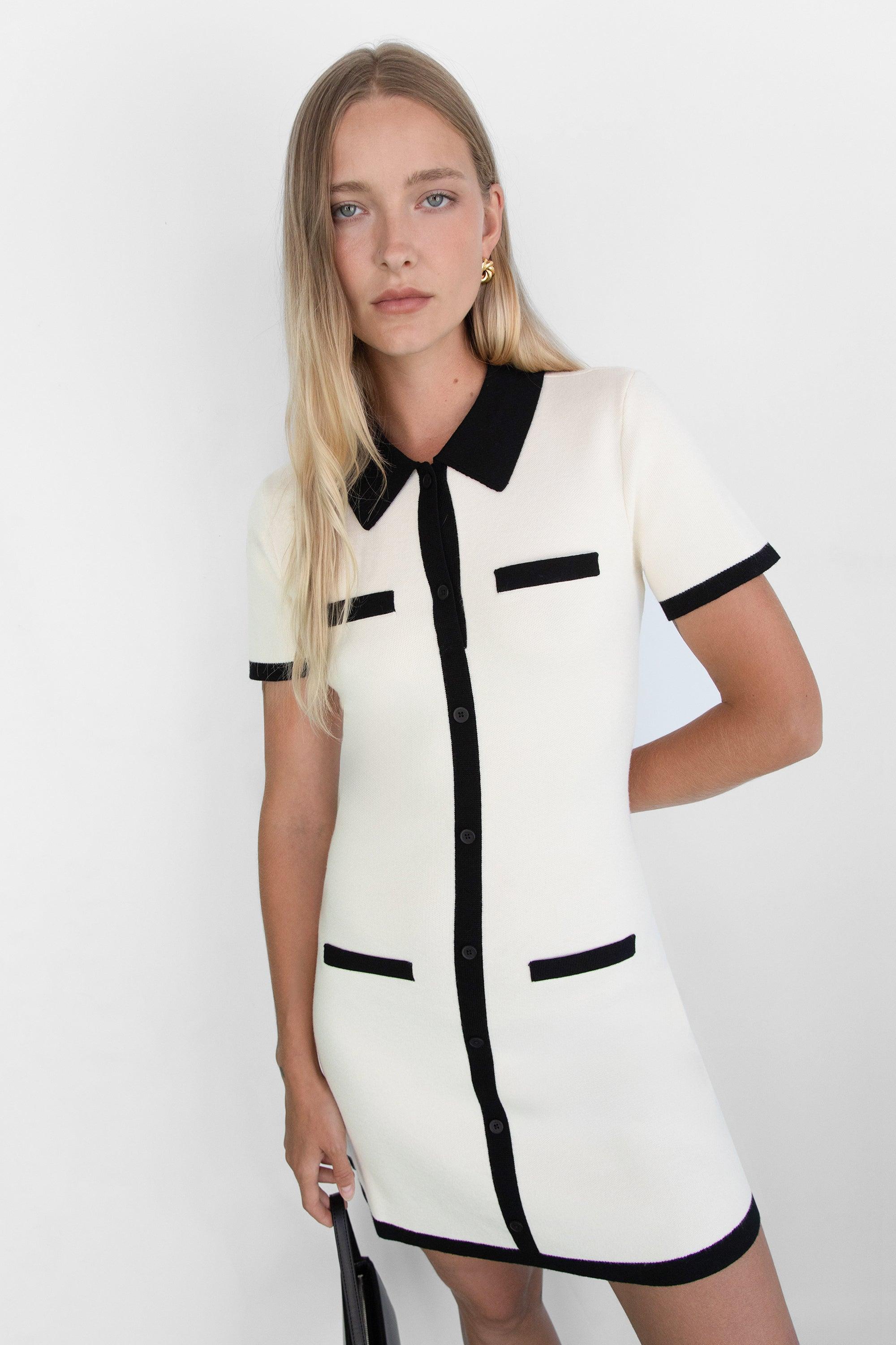 COLLARED CONTRAST TRIM KNIT MINI DRESS by OAK + FORT