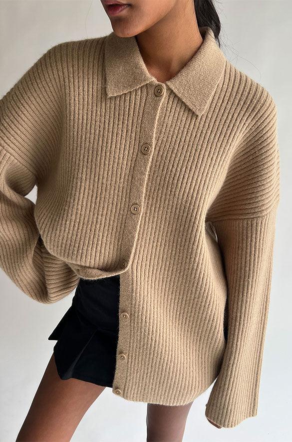 COLLARED RIB-KNIT CARDIGAN by OAK + FORT