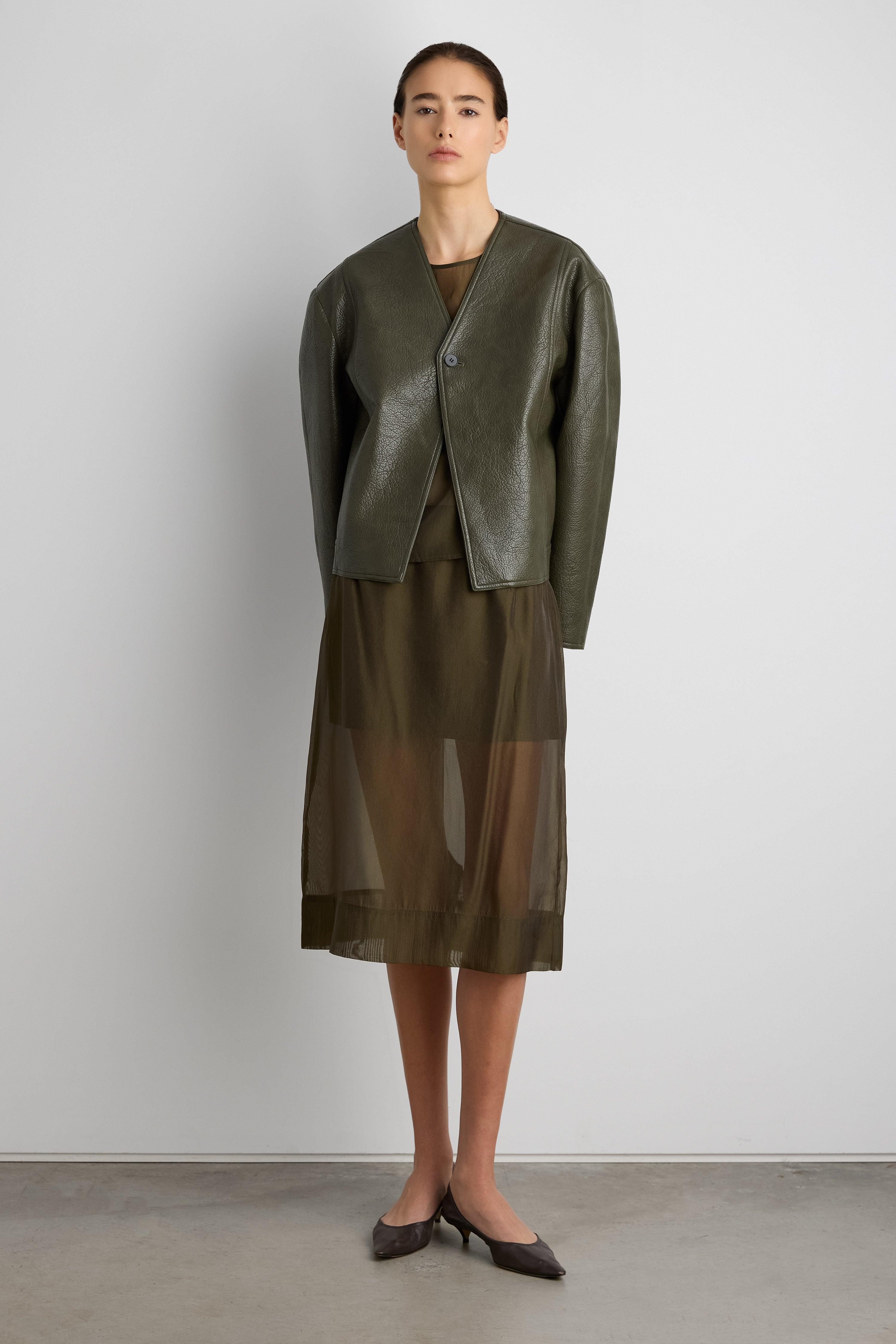 COLLARLESS VEGAN LEATHER JACKET by OAK + FORT