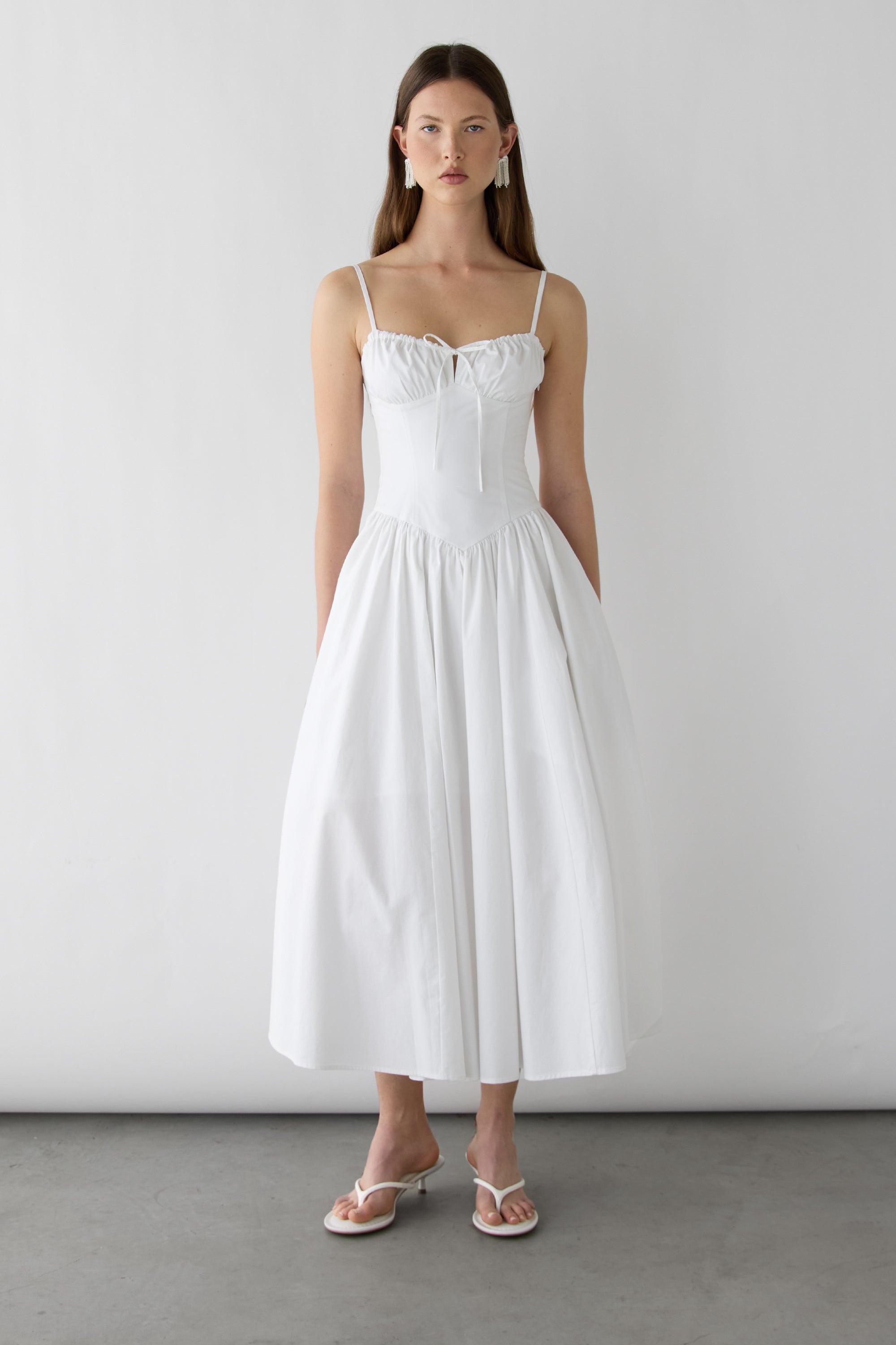 COTTON POPLIN CORSET MIDI DRESS by OAK + FORT