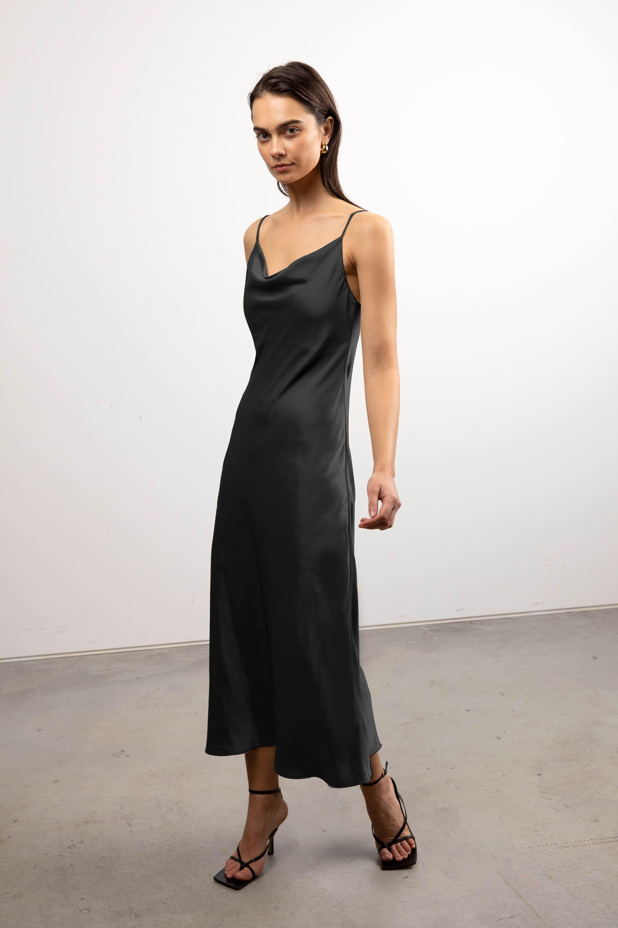 COWL NECK SATIN MIDI DRESS by OAK + FORT