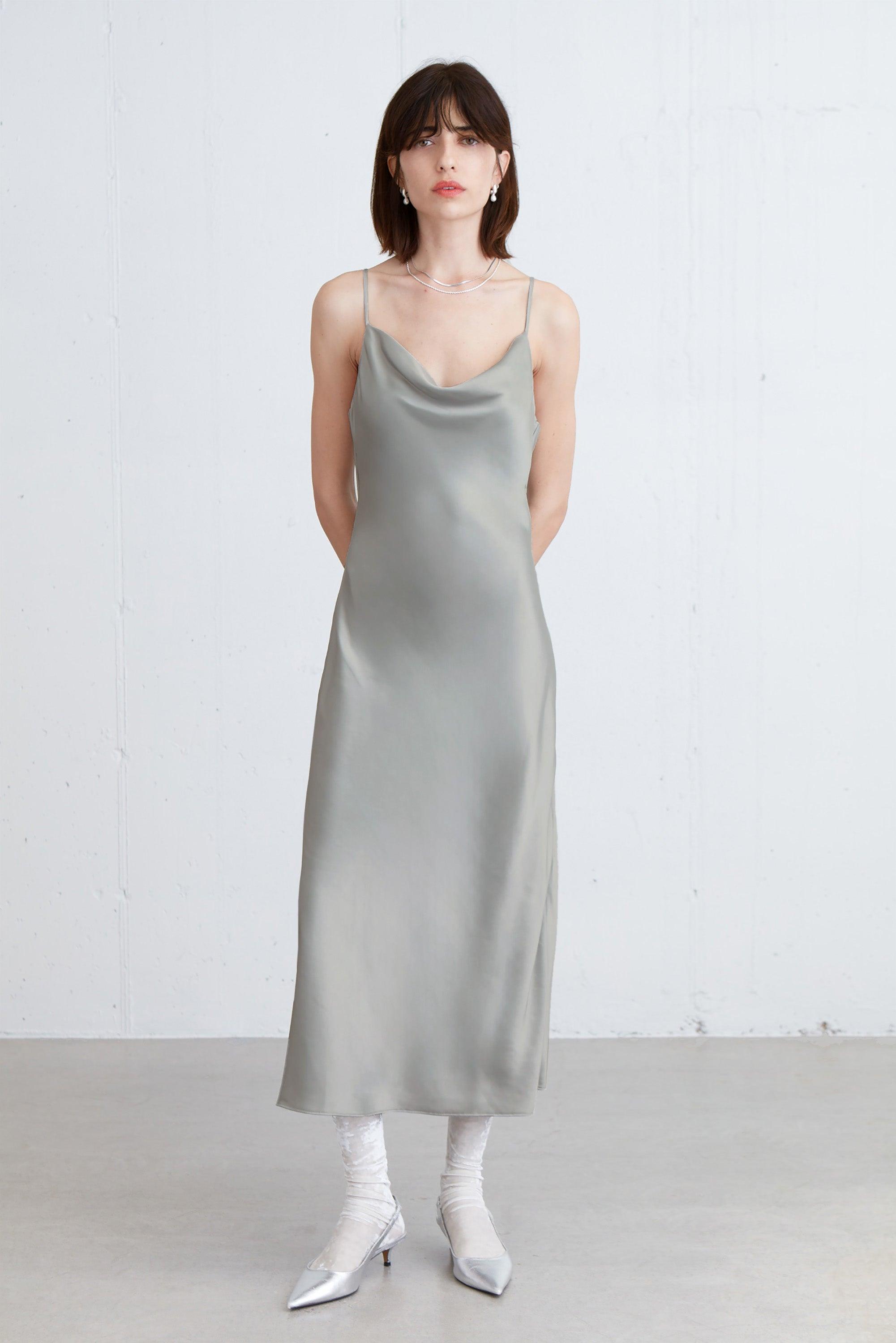 COWL NECK SATIN MIDI DRESS by OAK + FORT