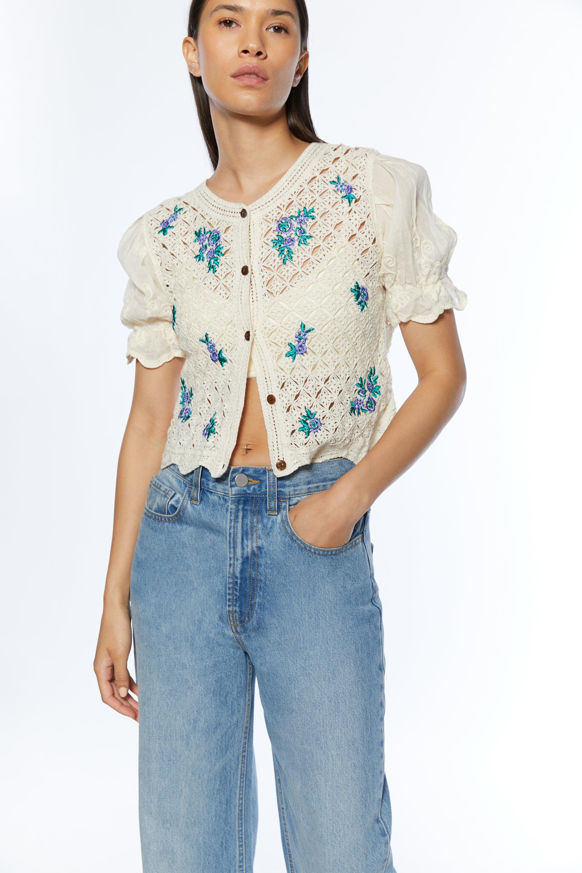 CROCHET CARDIGAN WITH FLORAL DETAIL by OAK + FORT