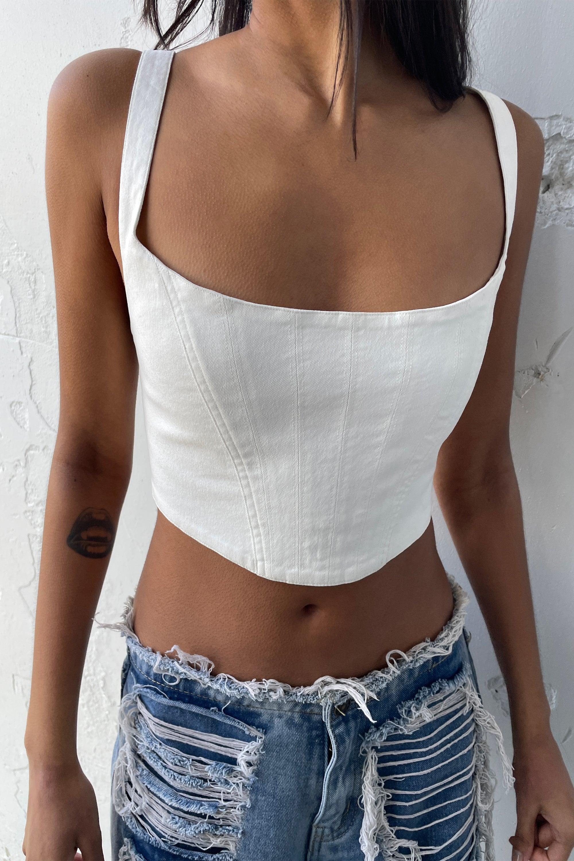 CROPPED DENIM BUSTIER TOP by OAK + FORT
