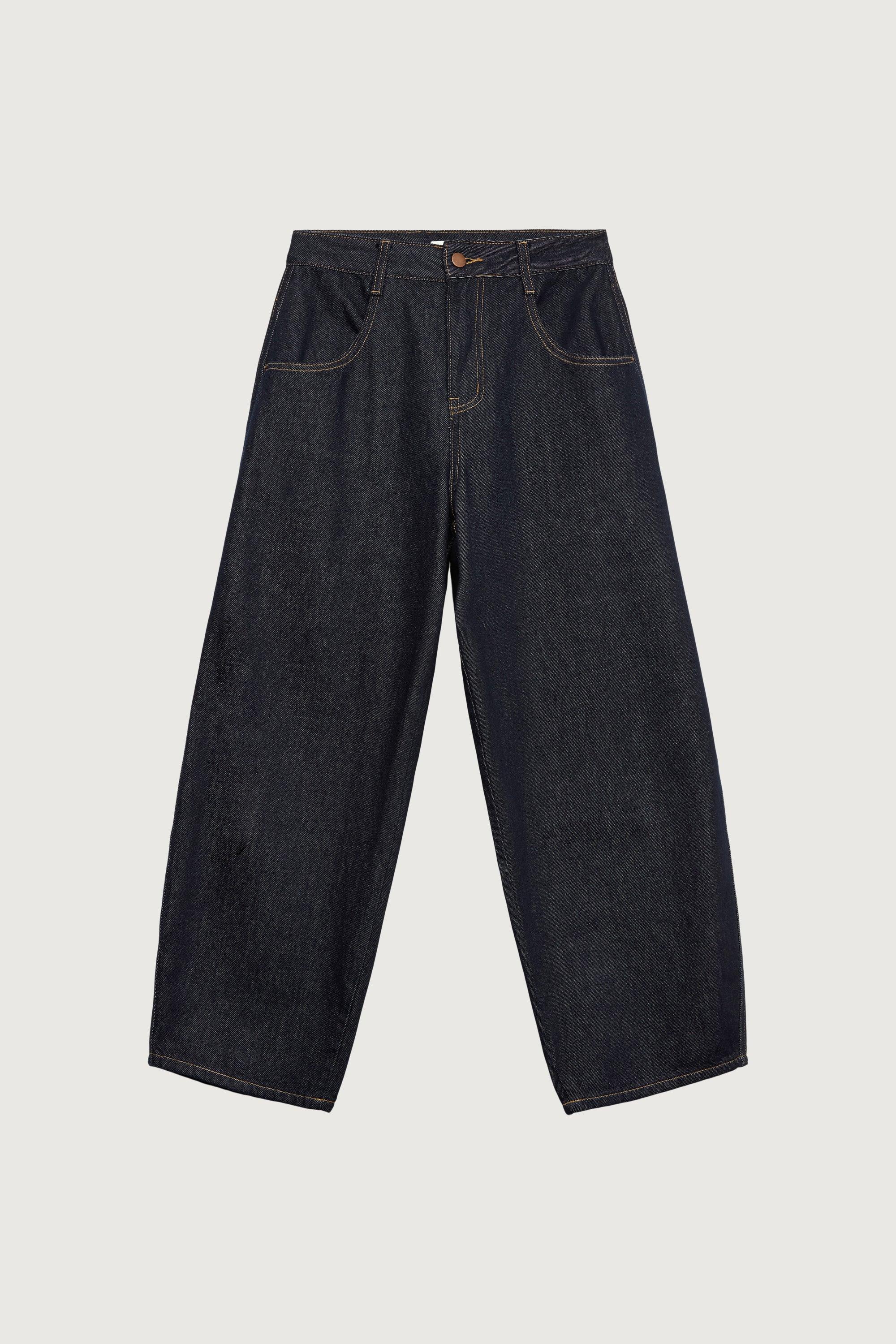 CROPPED HIGH-RISE BARREL LEG DARK BLUE WASH JEAN by OAK + FORT