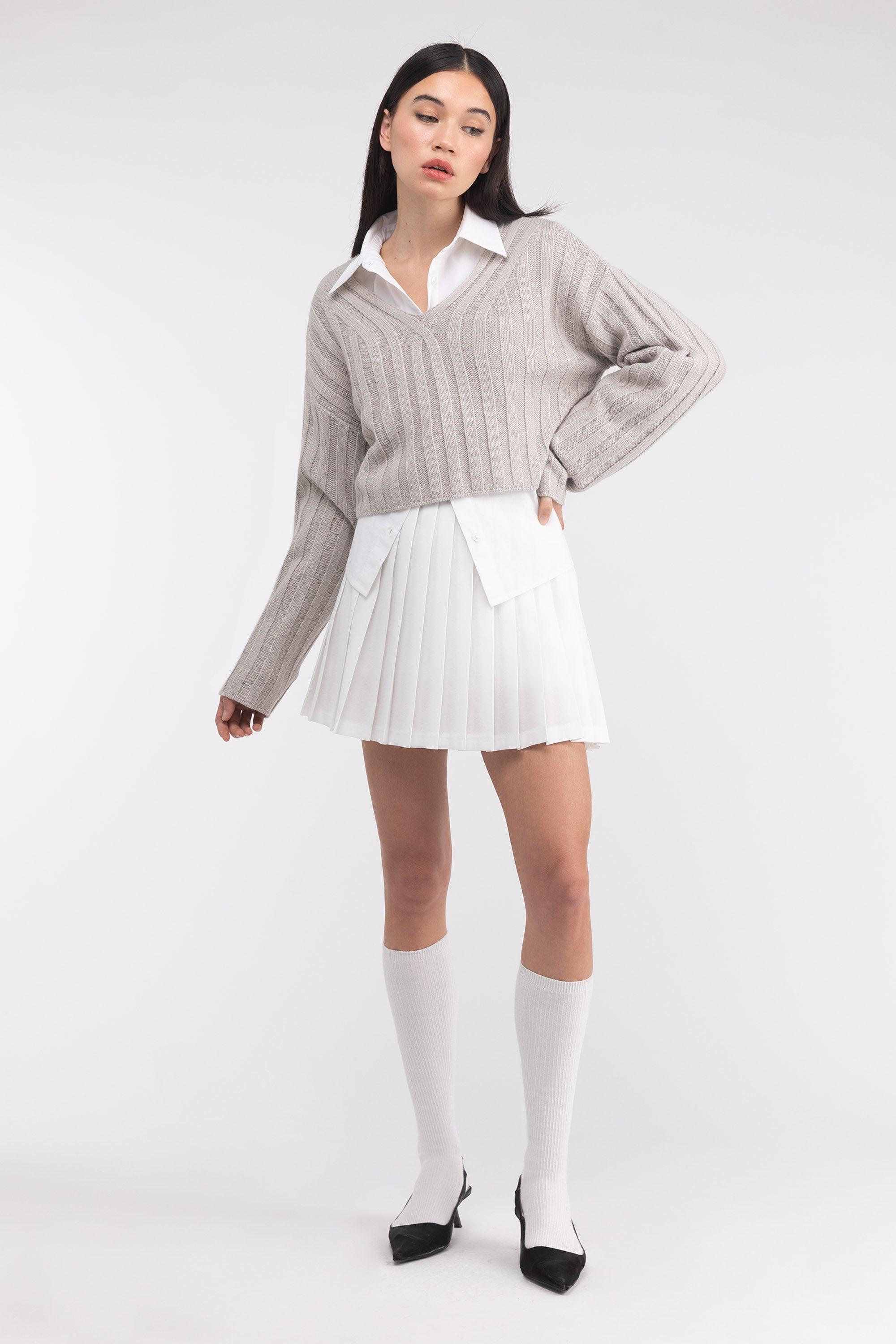 CROPPED RIB-KNIT V-NECK SWEATER by OAK + FORT