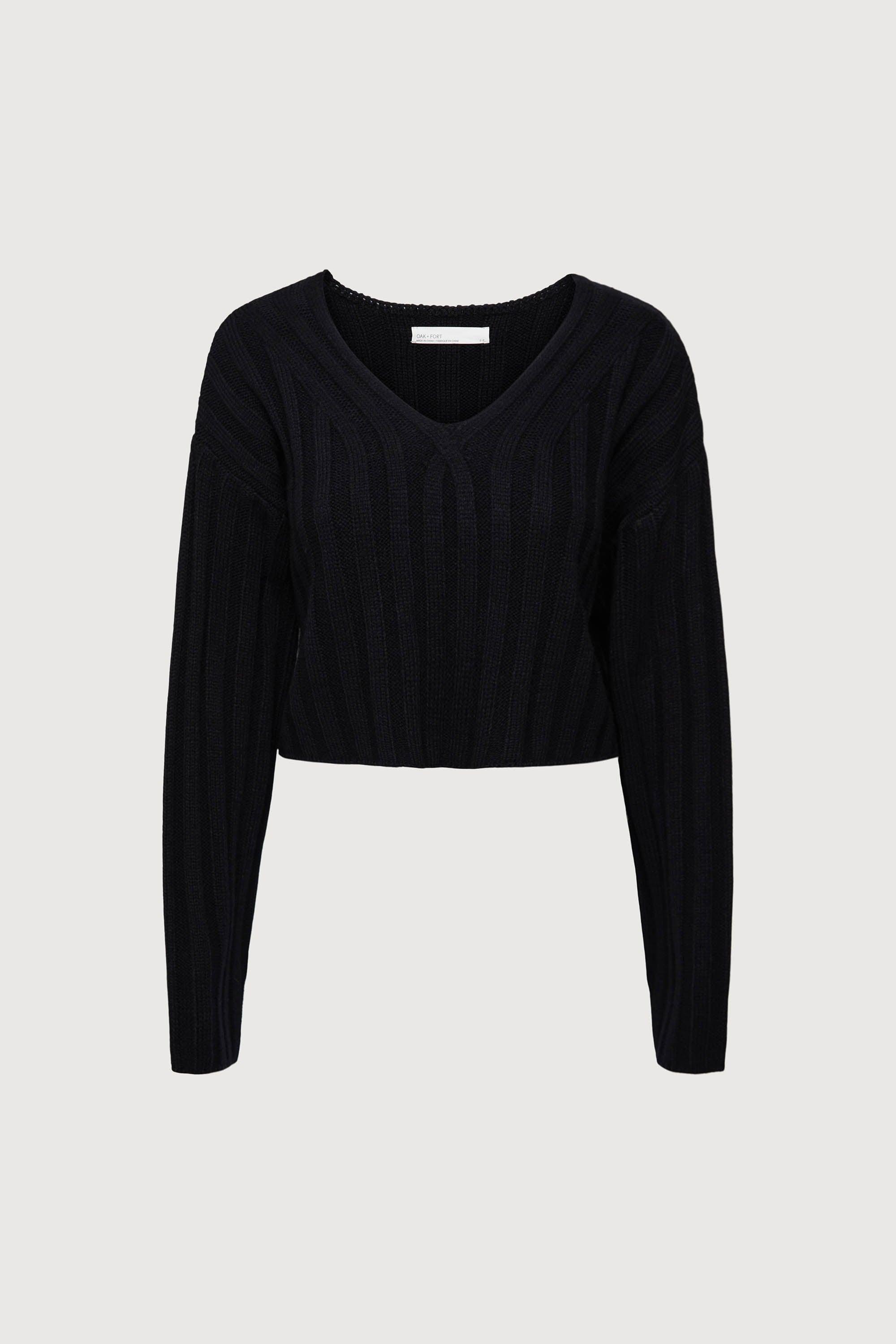 CROPPED RIB-KNIT V-NECK SWEATER by OAK + FORT