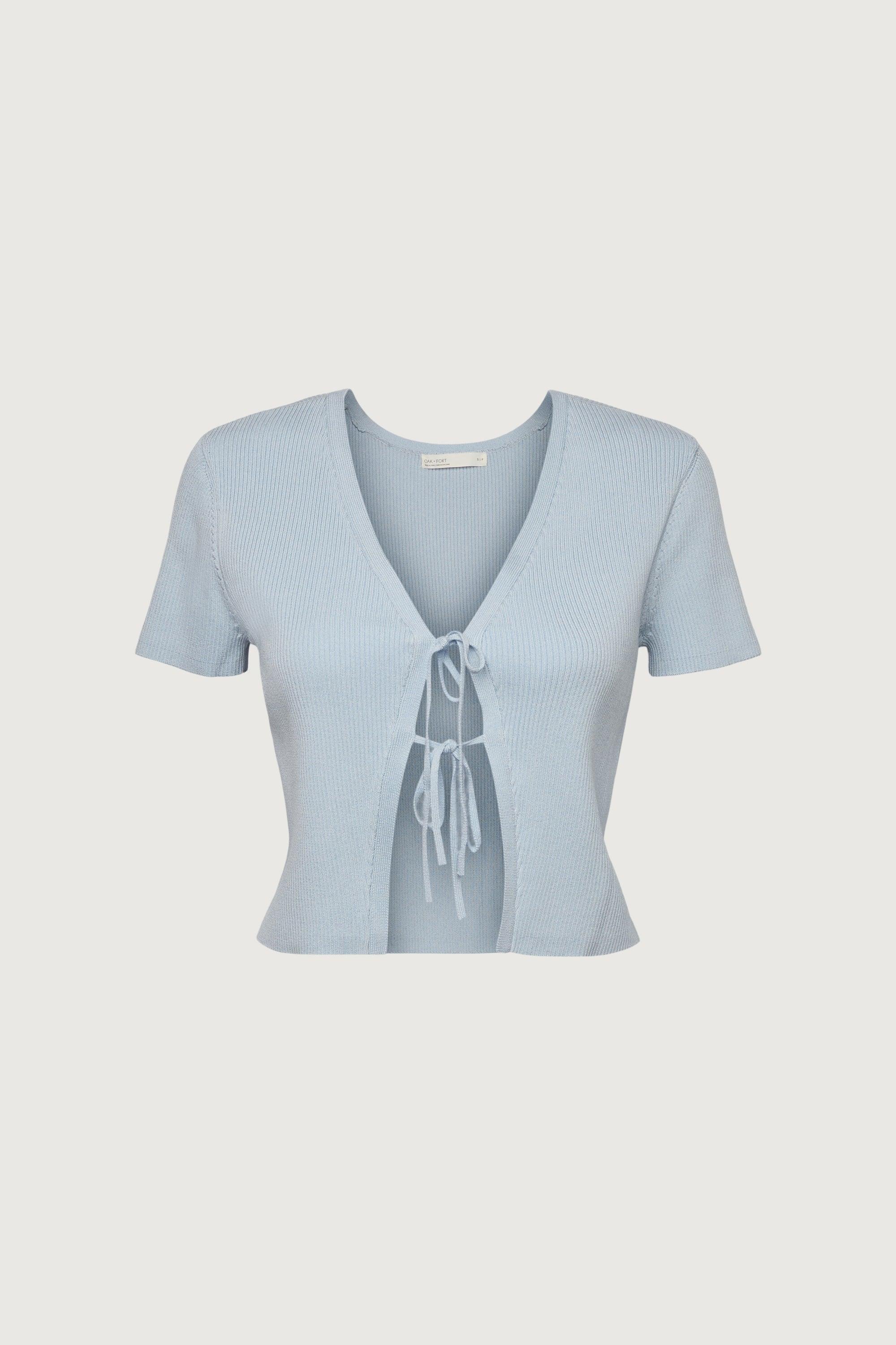 CROPPED SHORT SLEEVE SWEATER WITH OPEN FRONT TIES by OAK + FORT