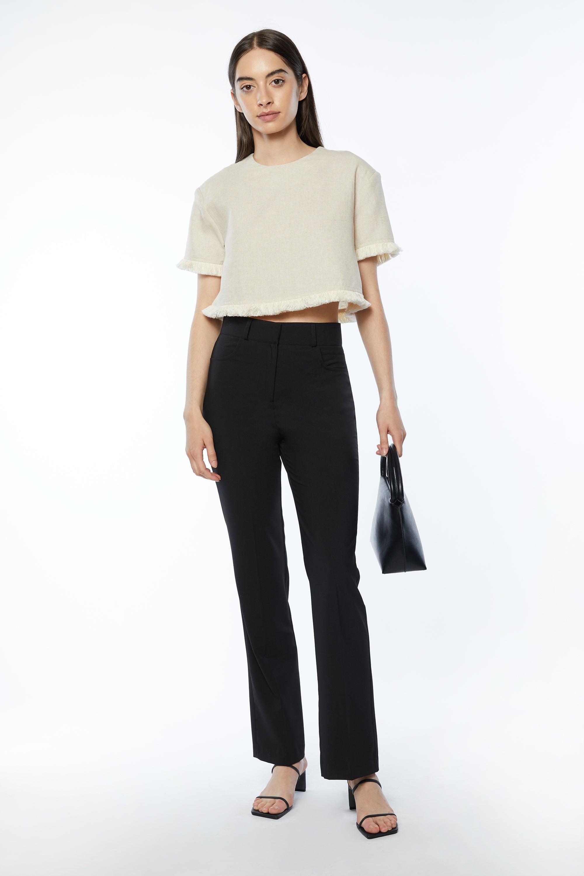 CROPPED TOP WITH FRINGED TRIMS by OAK + FORT