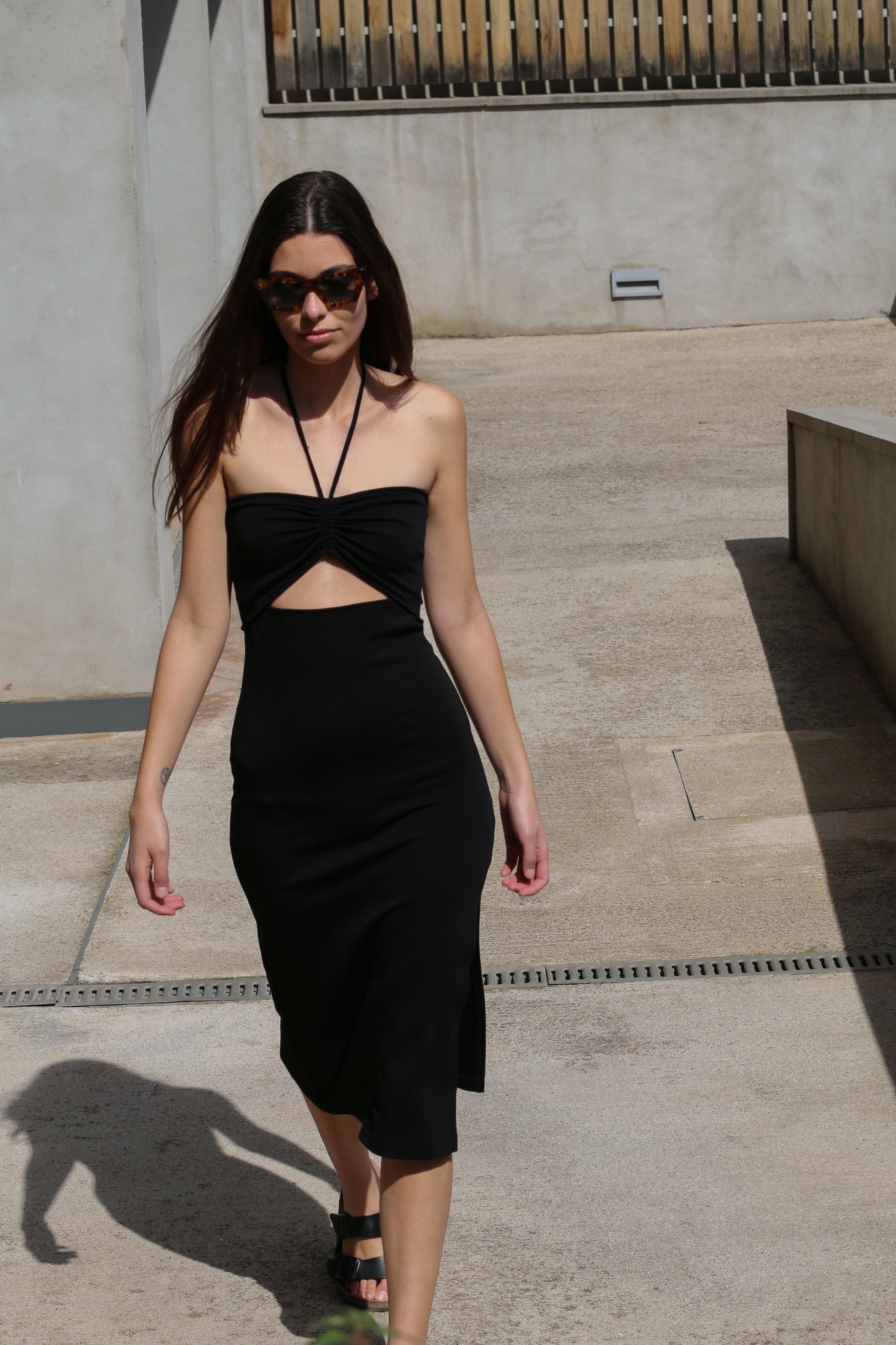 CUTOUT MIDI DRESS WITH HALTER TIES by OAK + FORT