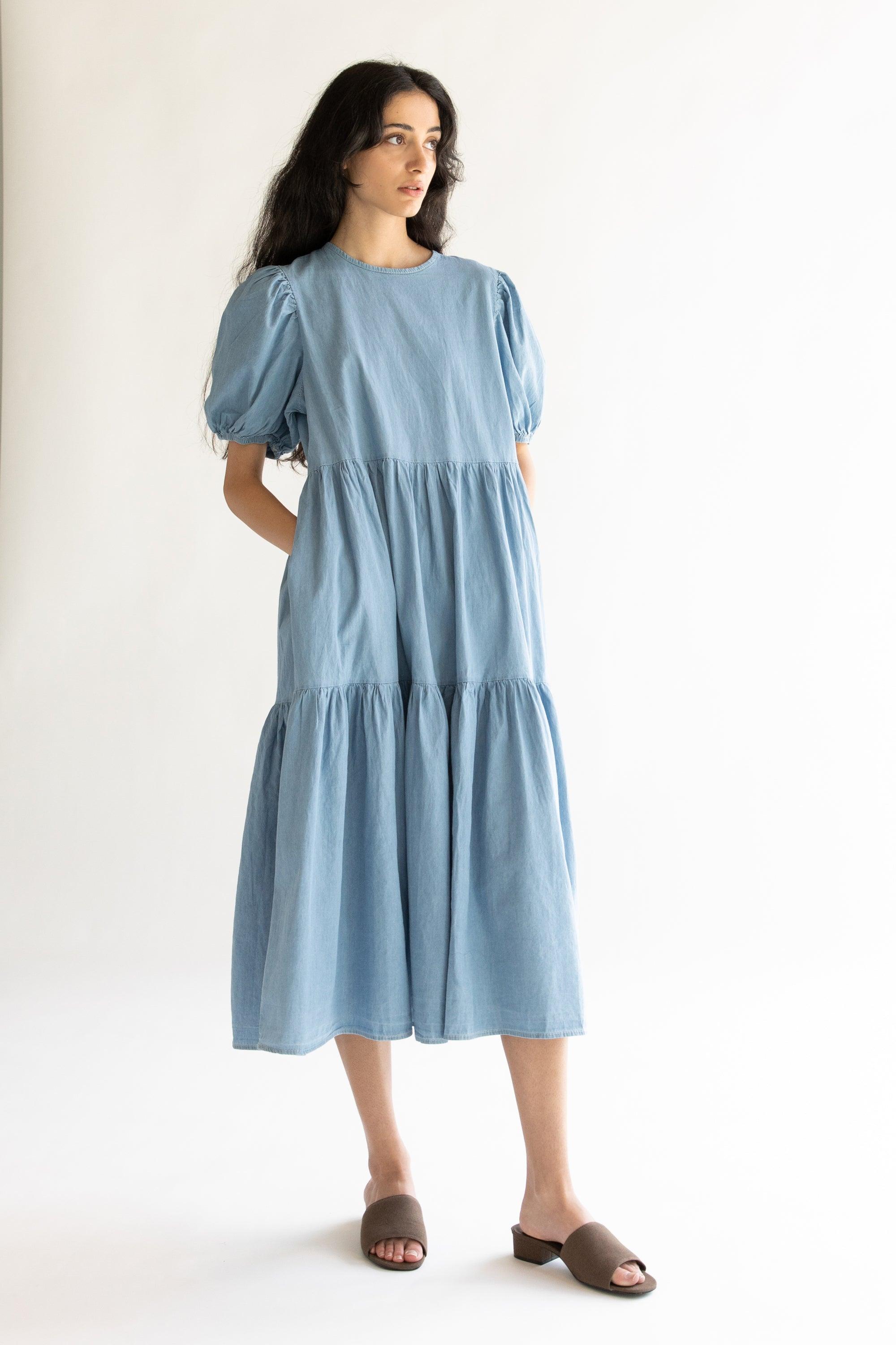 DENIM TIERED MIDI DRESS by OAK + FORT