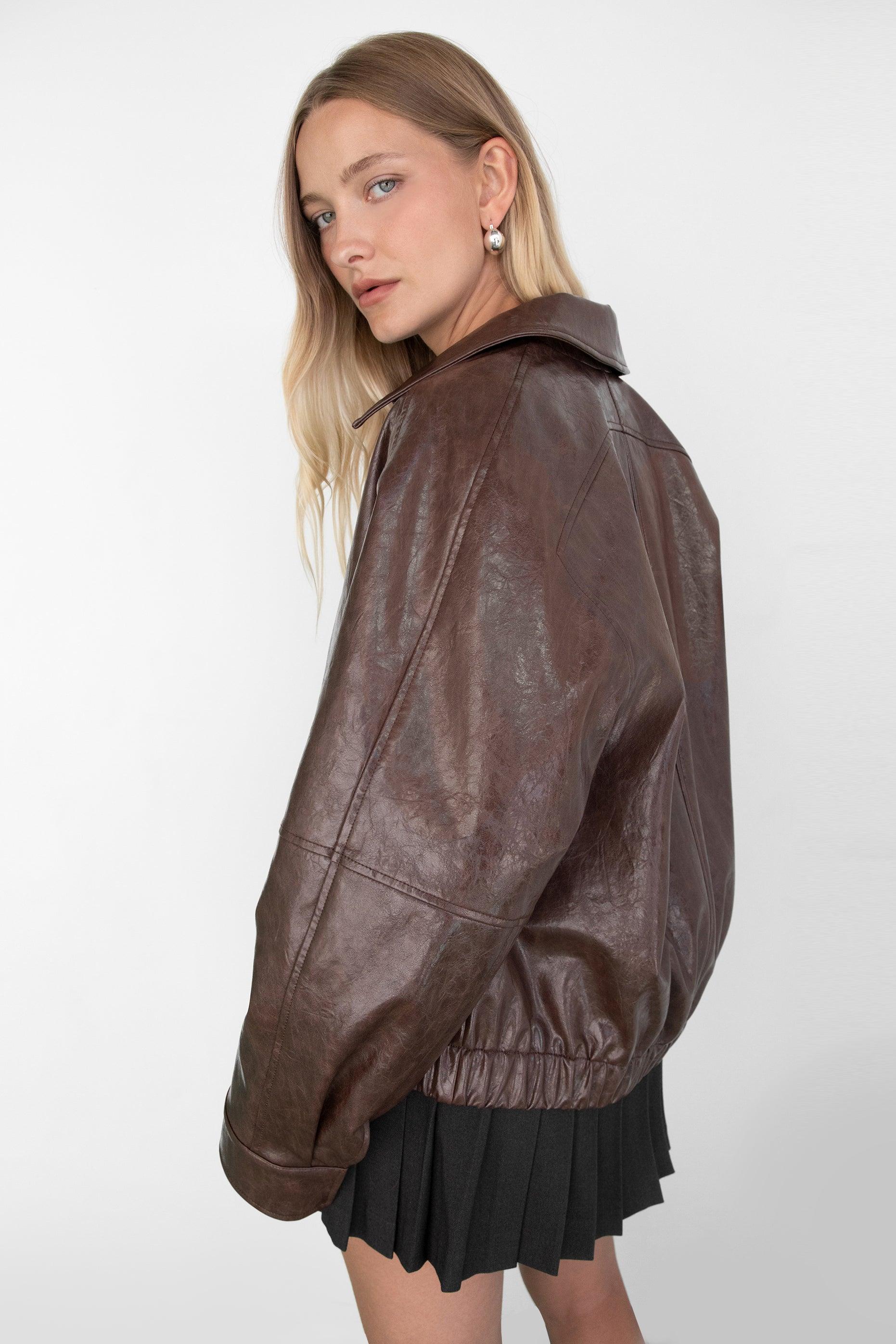 DISTRESSED VEGAN LEATHER BOMBER JACKET by OAK + FORT