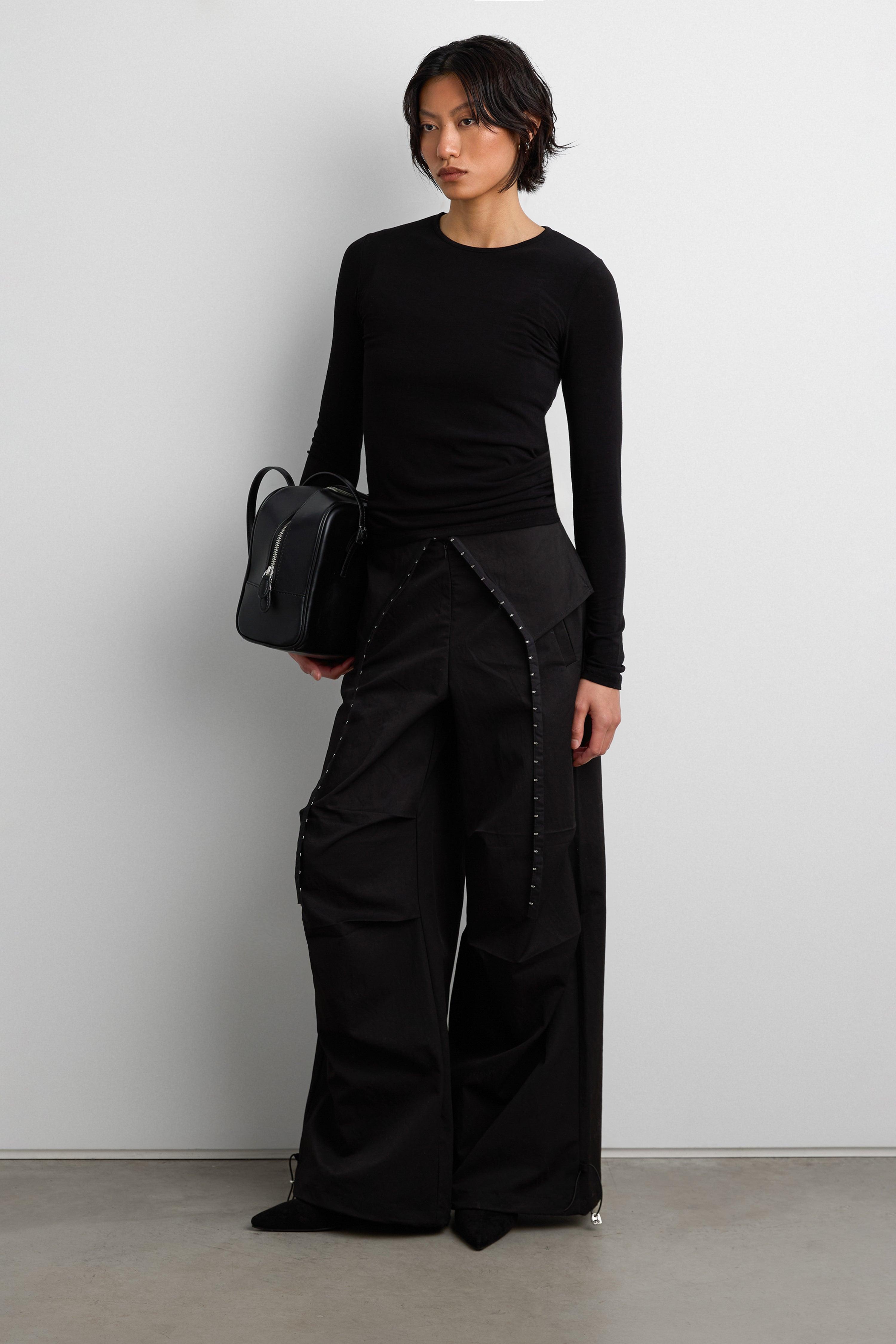 DRAPED WIDE LEG PANT WITH HOOK AND EYE DETAIL by OAK + FORT
