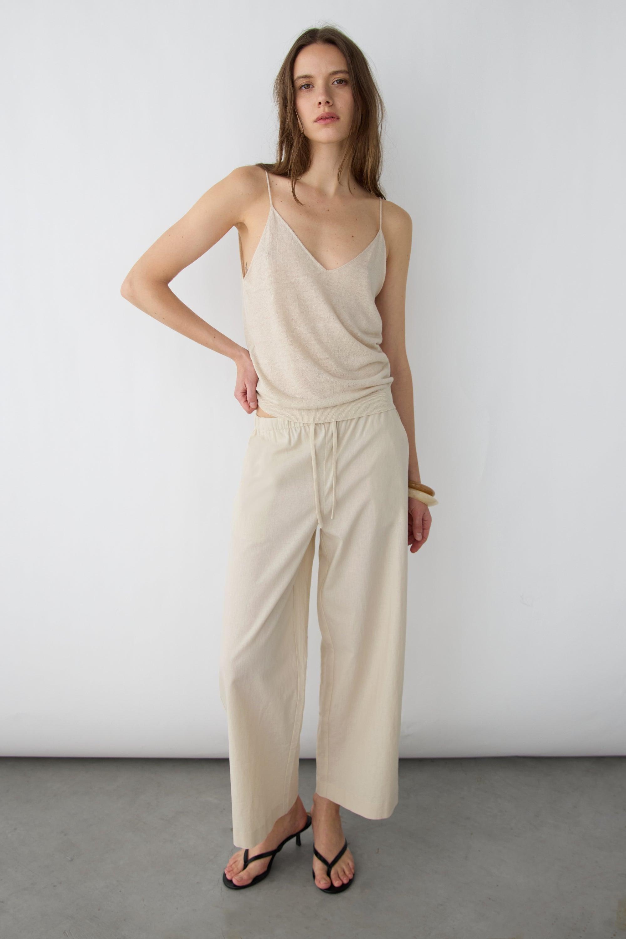 DRAWSTRING WIDE LEG LINEN BLEND PANT by OAK + FORT