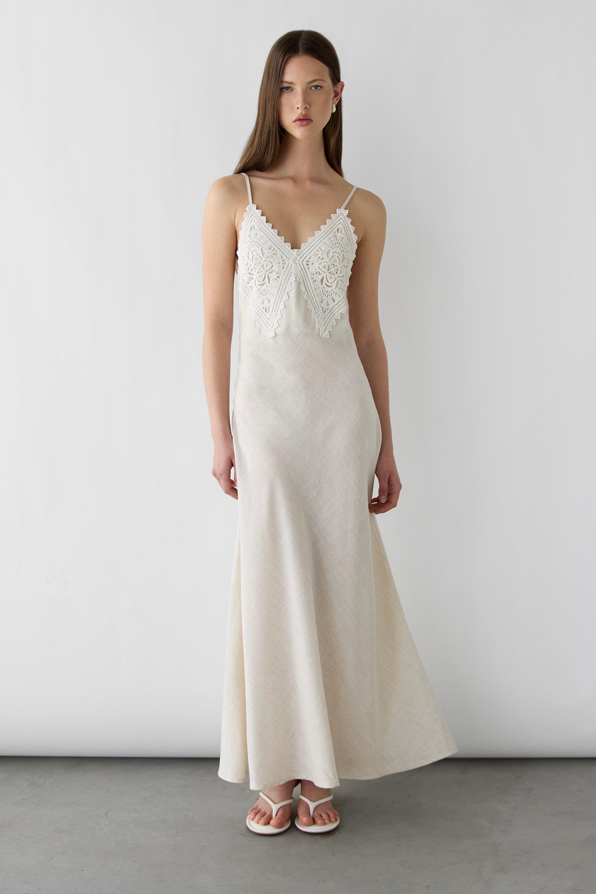 EMBROIDERED LACE SATIN SLIP DRESS by OAK + FORT