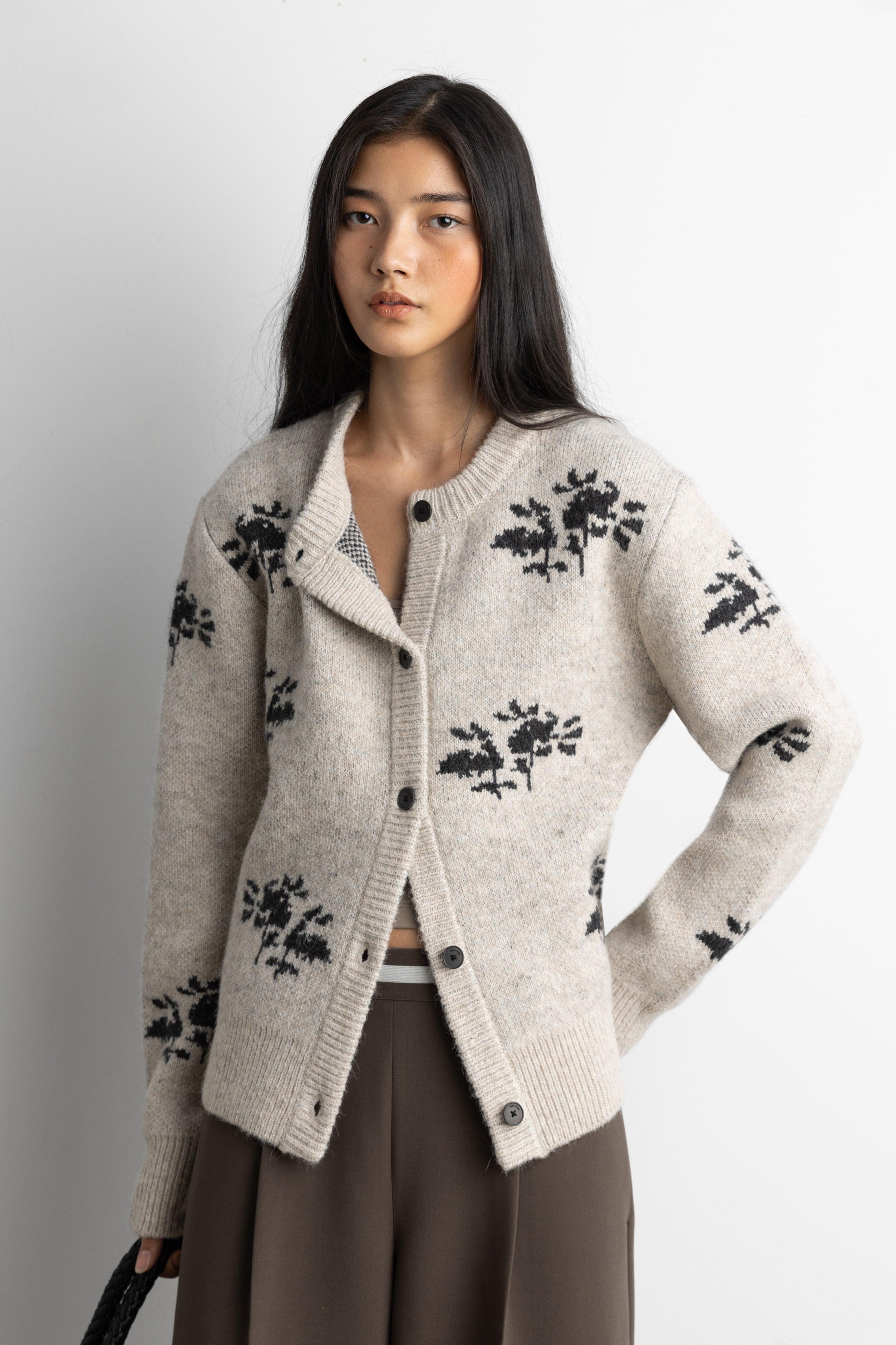 FLORAL JACQUARD WOOL BLEND CARDIGAN by OAK + FORT