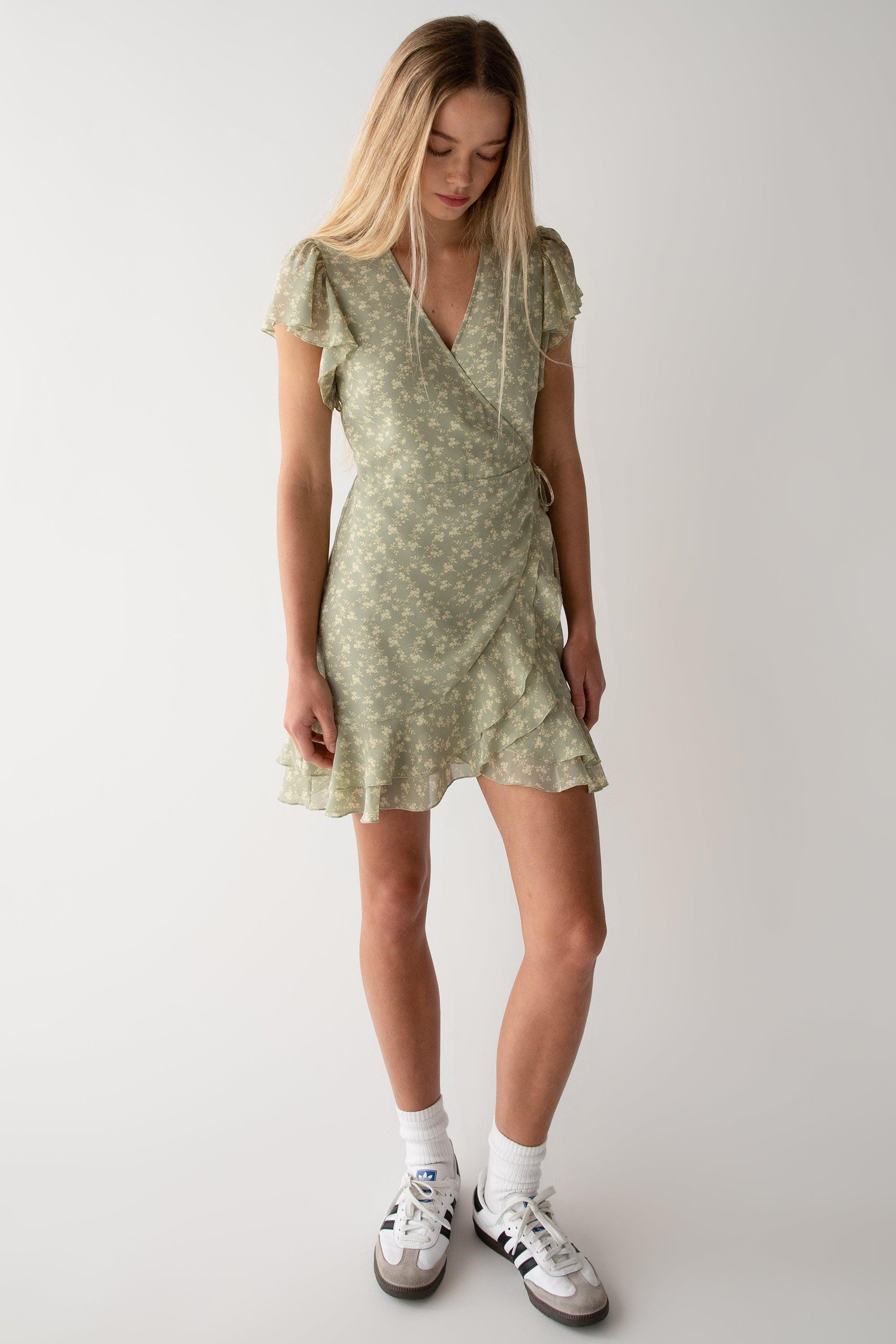 FLORAL WRAP MINI DRESS WITH RUFFLED HEM by OAK + FORT