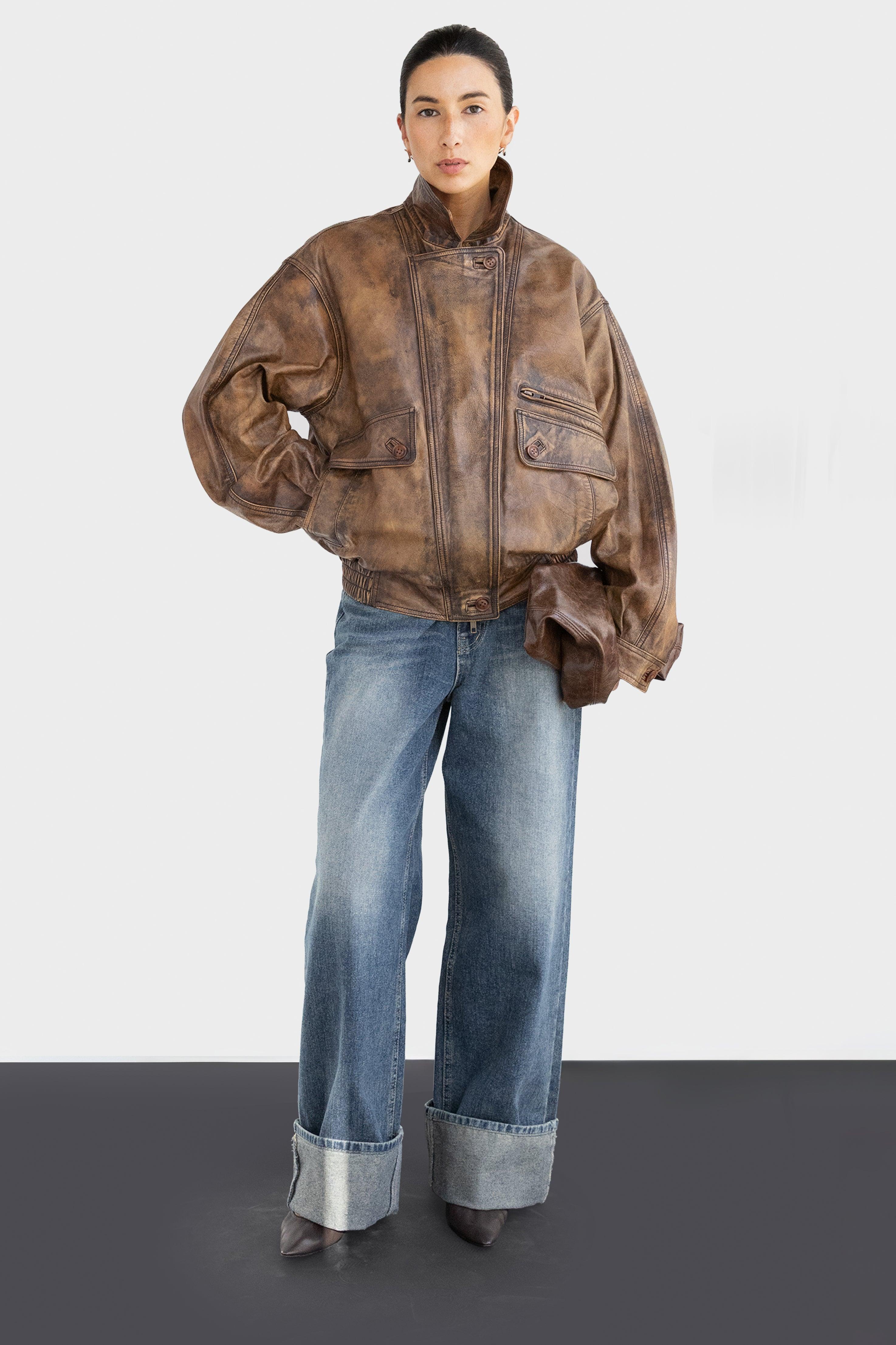 GENUINE LEATHER BROWN DISTRESSED BOMBER JACKET by OAK + FORT