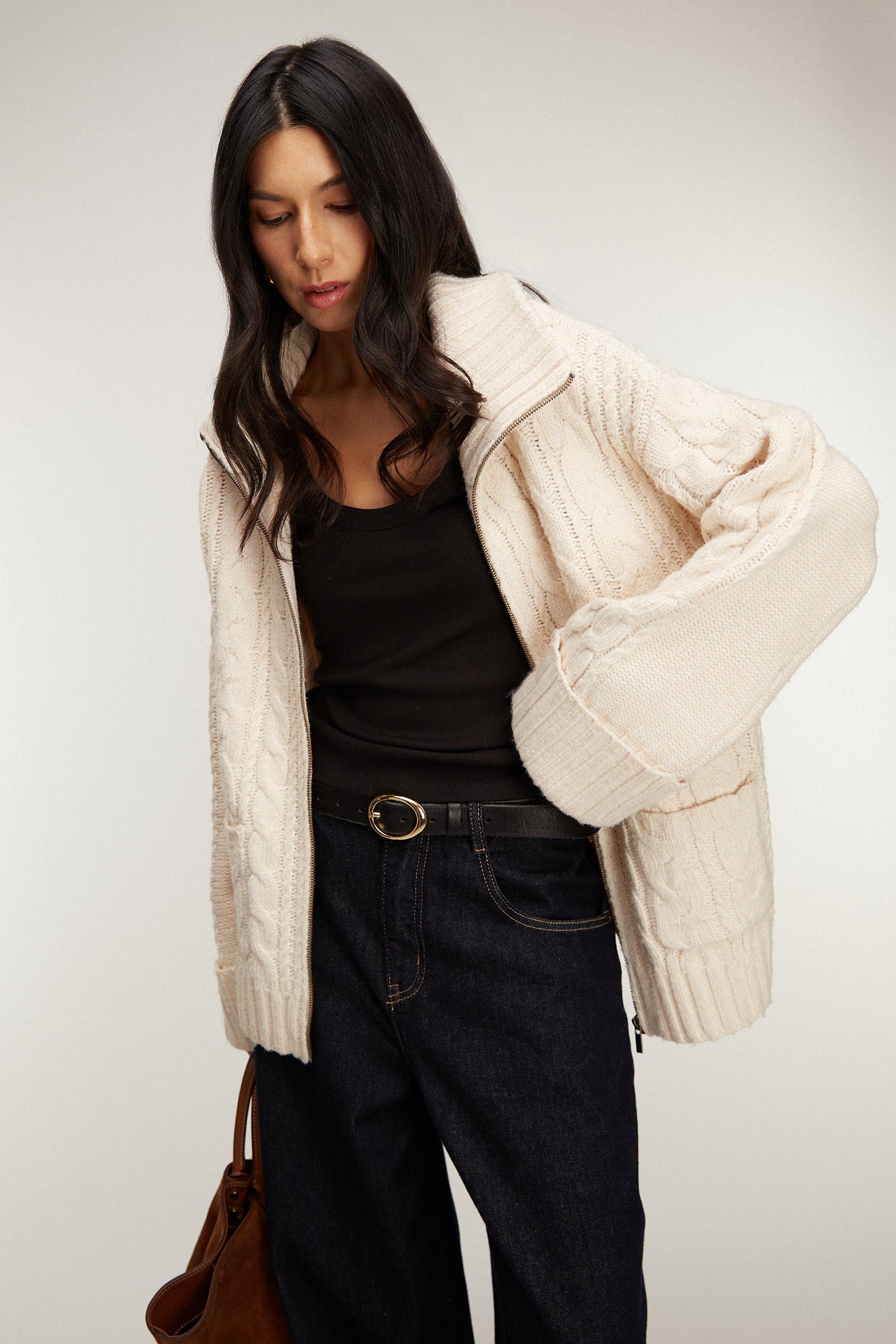 HIGH-NECKLINE CABLE KNIT ZIP-UP CARDIGAN by OAK + FORT