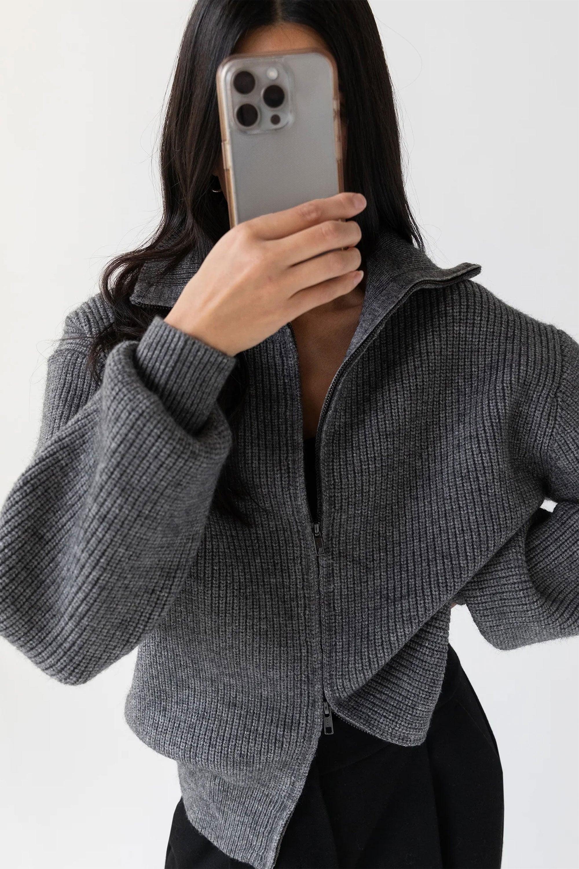 HIGH NECKLINE ZIP UP SWEATER by OAK + FORT
